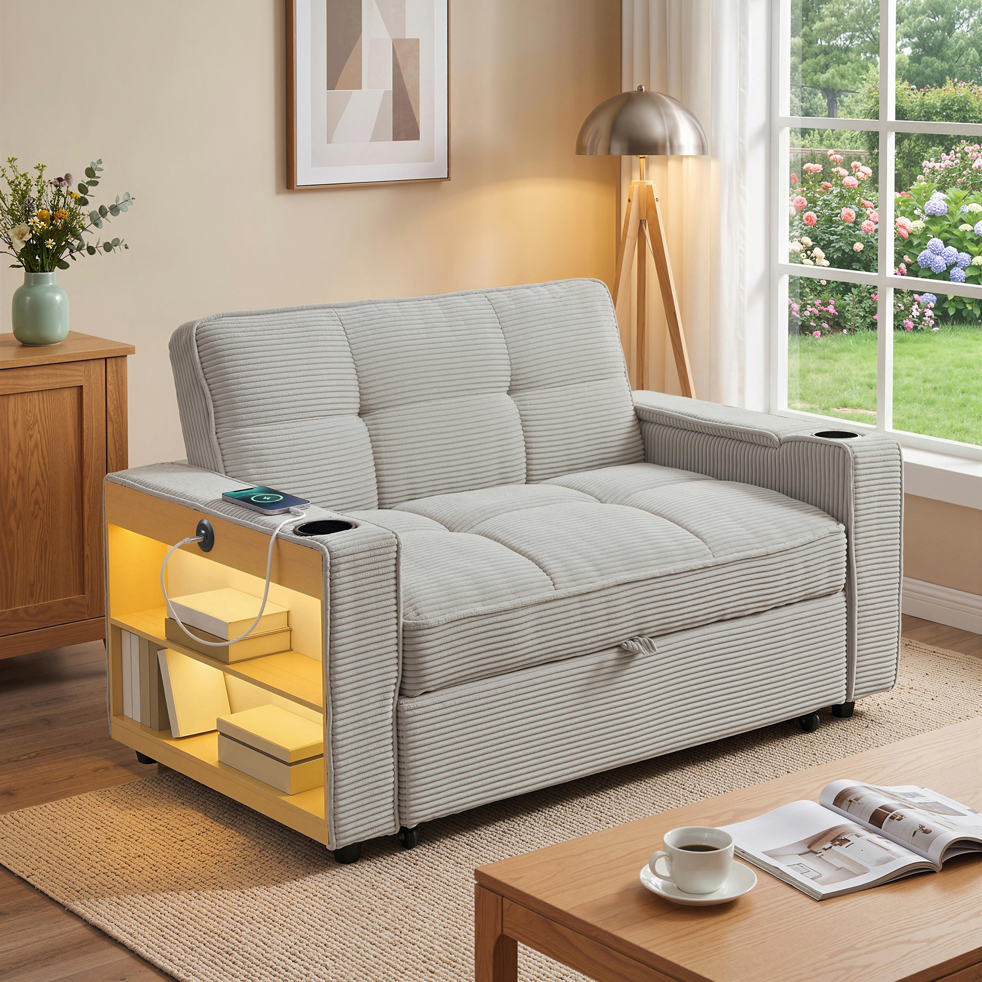 Sofa Bed 2 Seater, Convertible Sleeper With 7-Color LED Lights, Corduroy — image 5