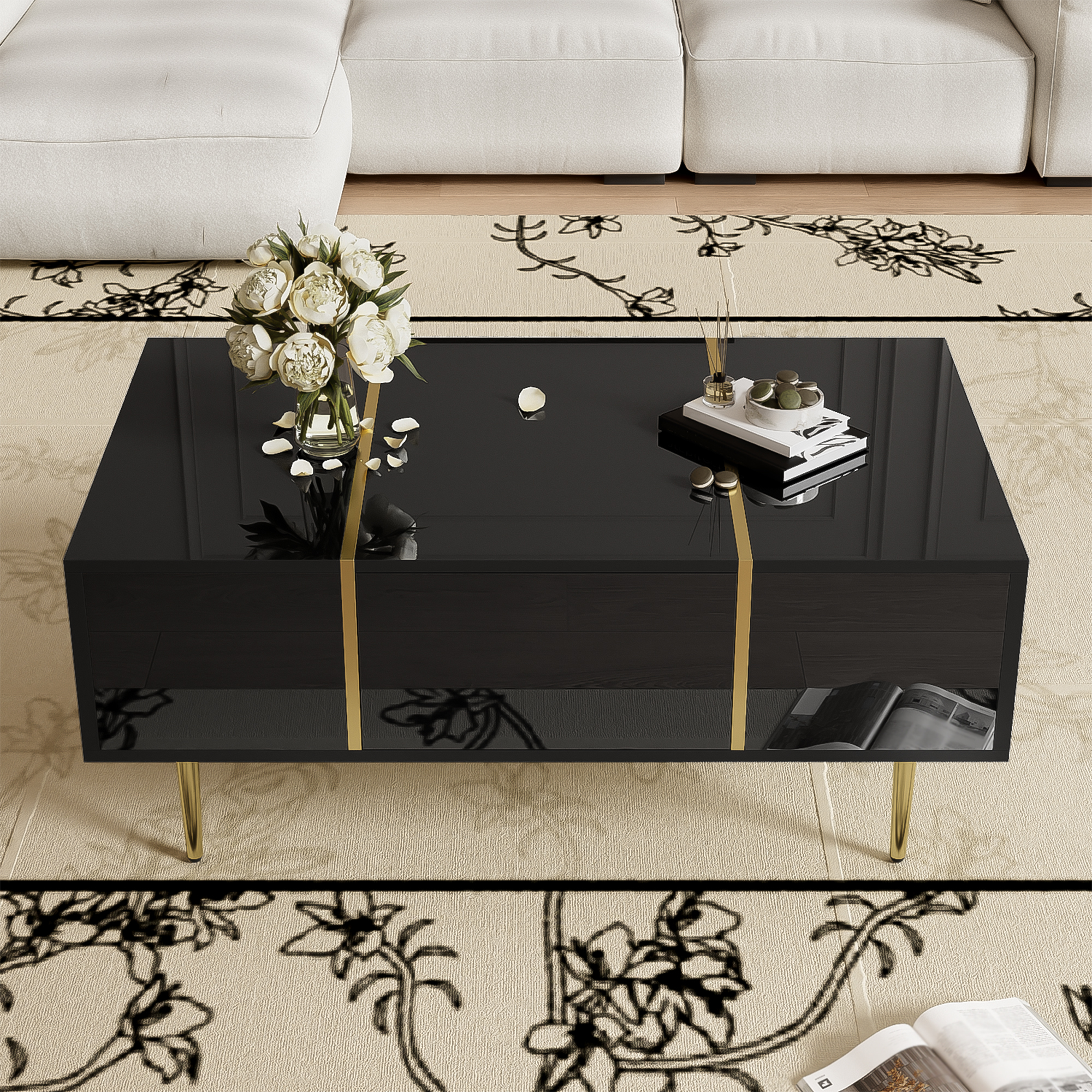Black High-gloss Coffee Table, Modern And Simple, With 2 Drawers — image 2