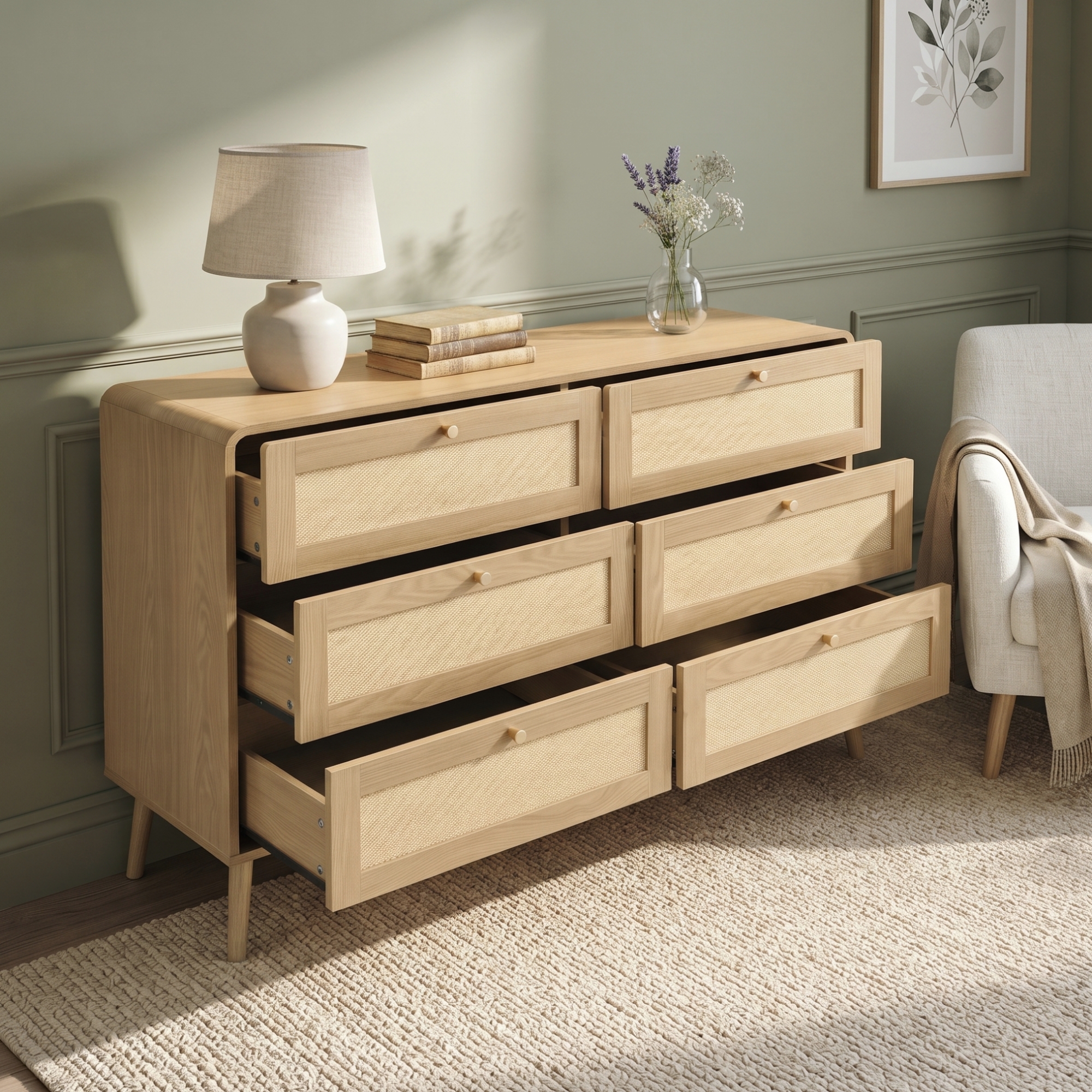 6 Drawer Chest Of Drawers, 120cm Wide Rattan-Effect Dresser With Natural Wood — image 3