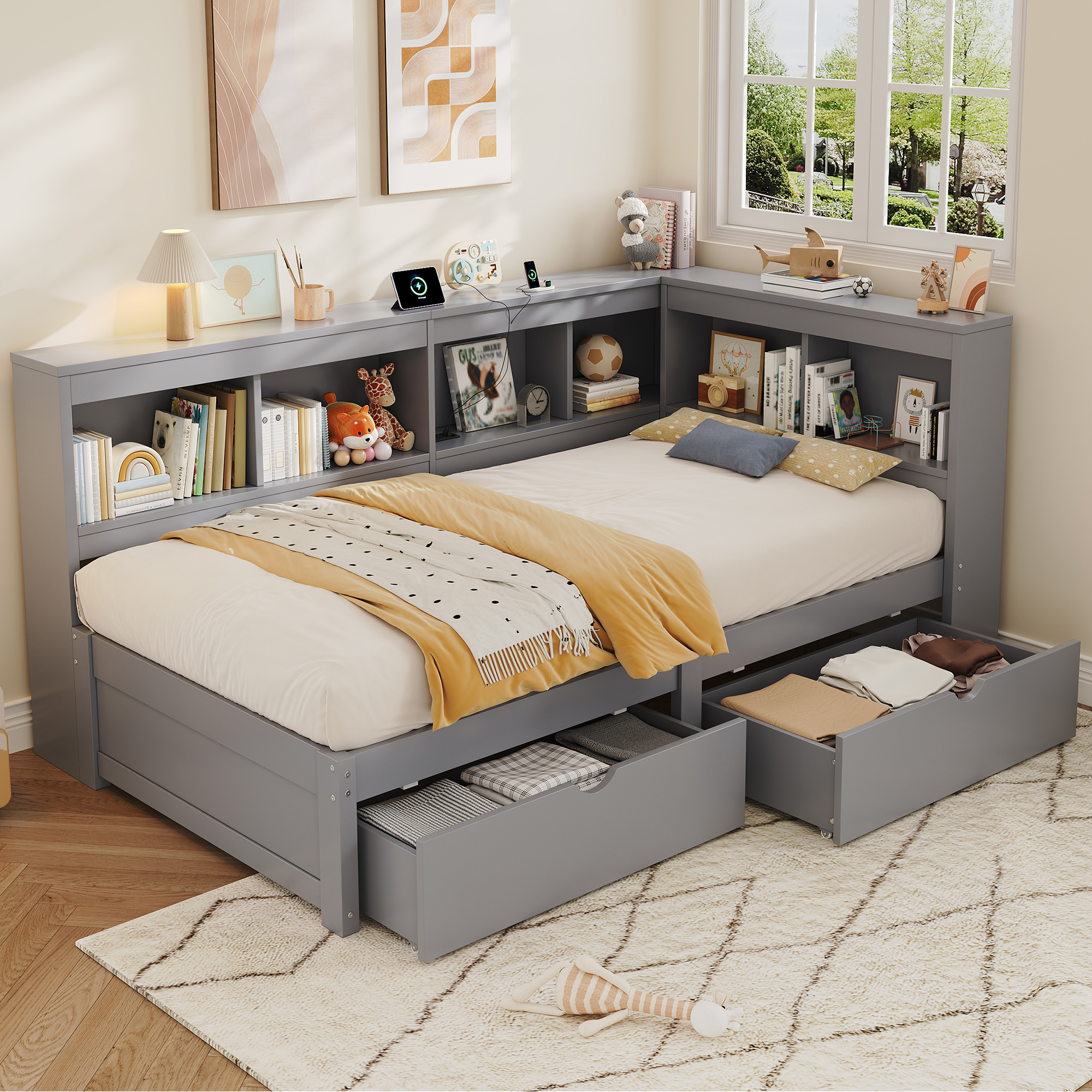 3ft Single L-Shape Daybed With Two Storage Drawers And Bookcase Modern Bed
