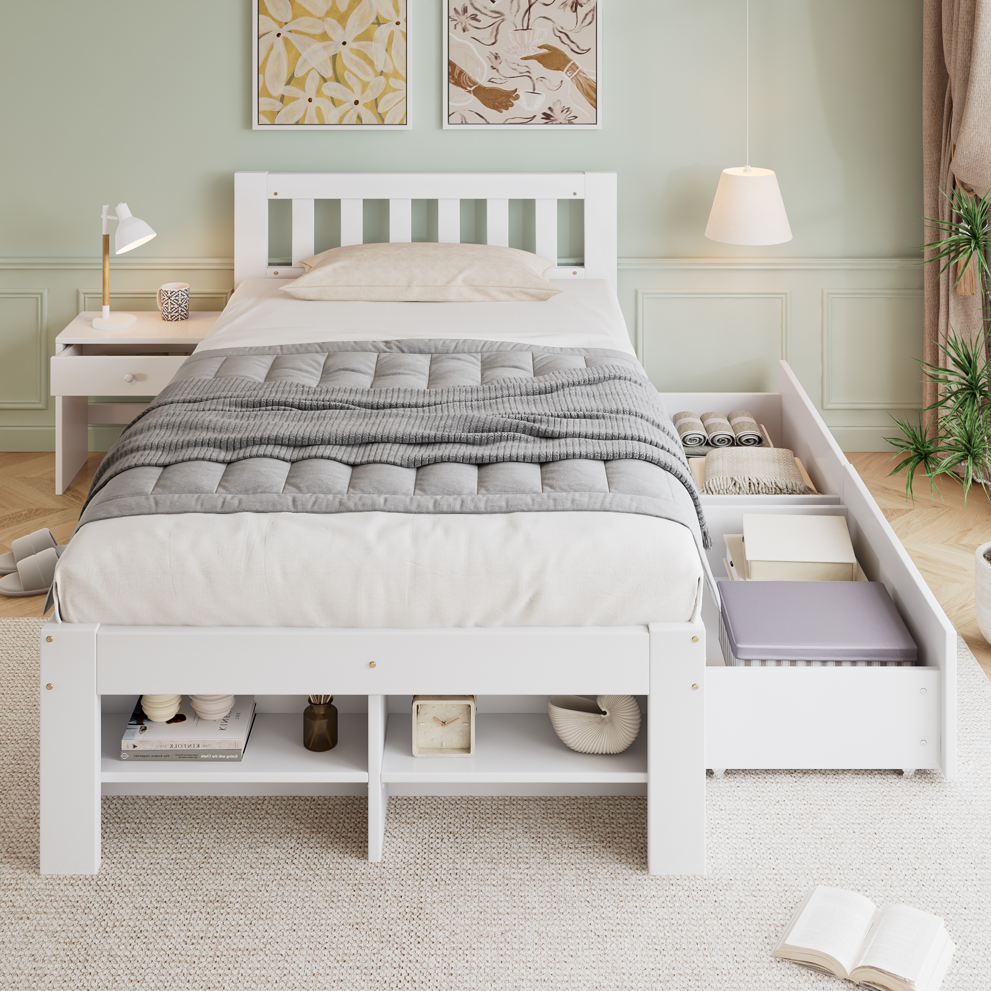 Wooden Bed, 3ft Single 90x190cm, Sturdy Slats, With A Bedside Table, Two