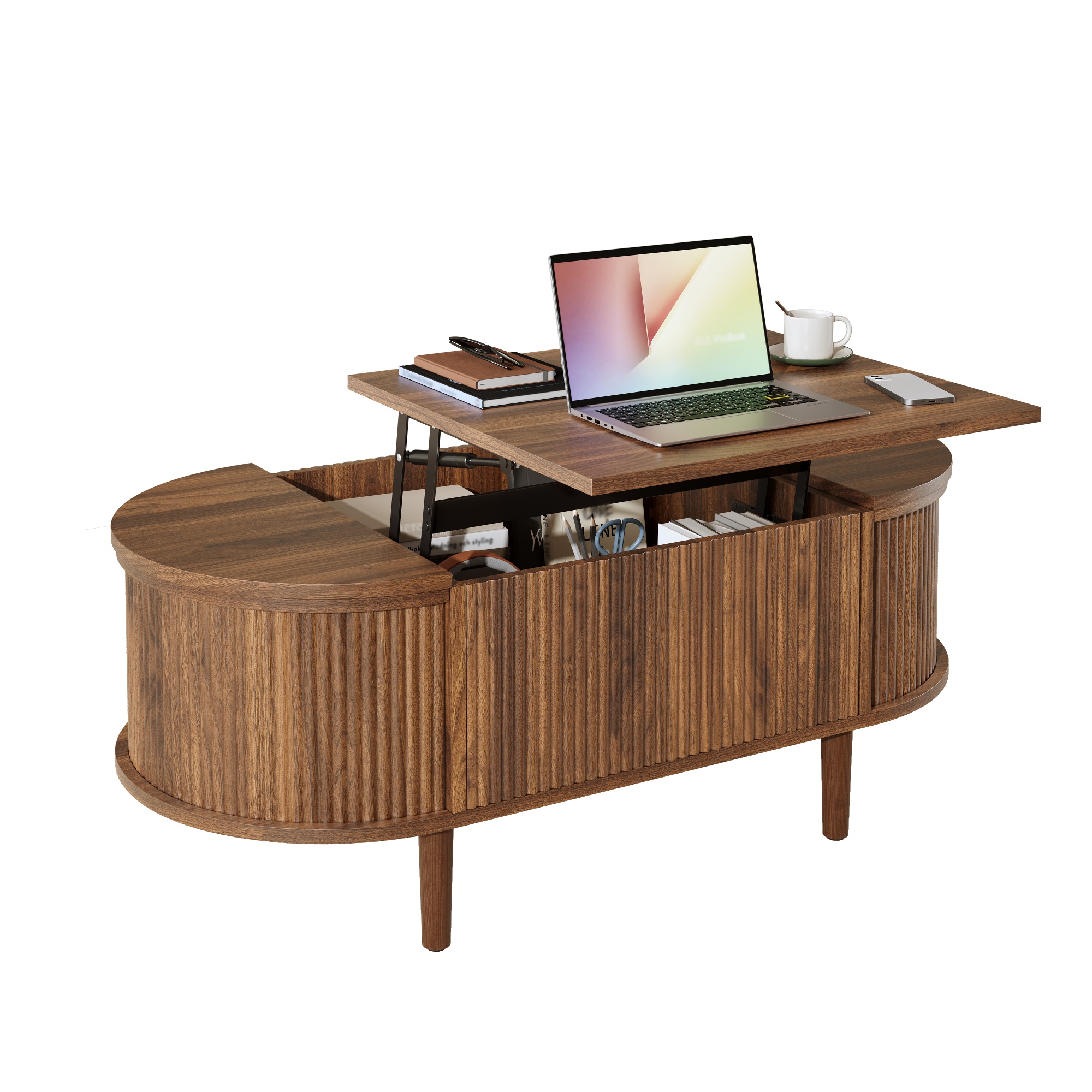 Oval, Adjustable Coffee Table With Storage, Vintage Style, Living Room Solid — image 4