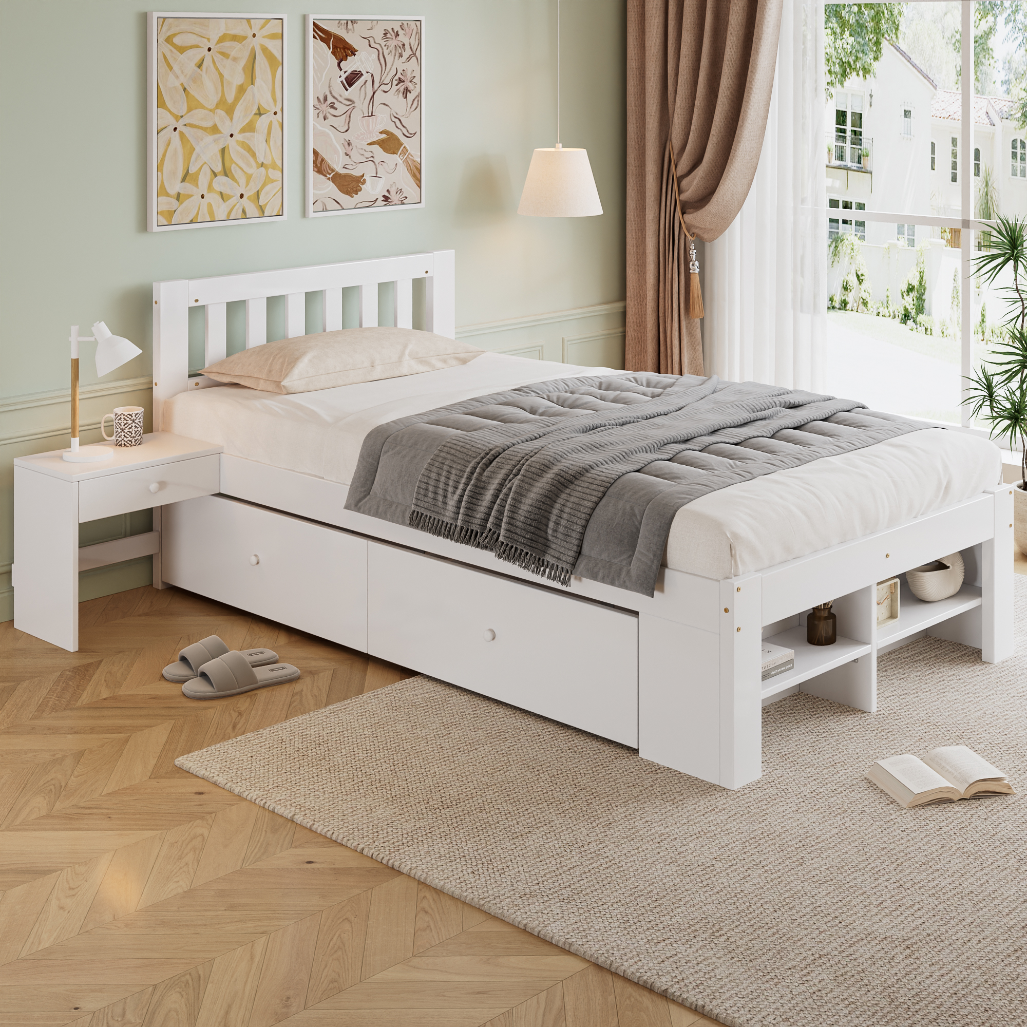 Wooden Bed, 3ft Single 90x190cm, Sturdy Slats, With A Bedside Table, Two — image 3