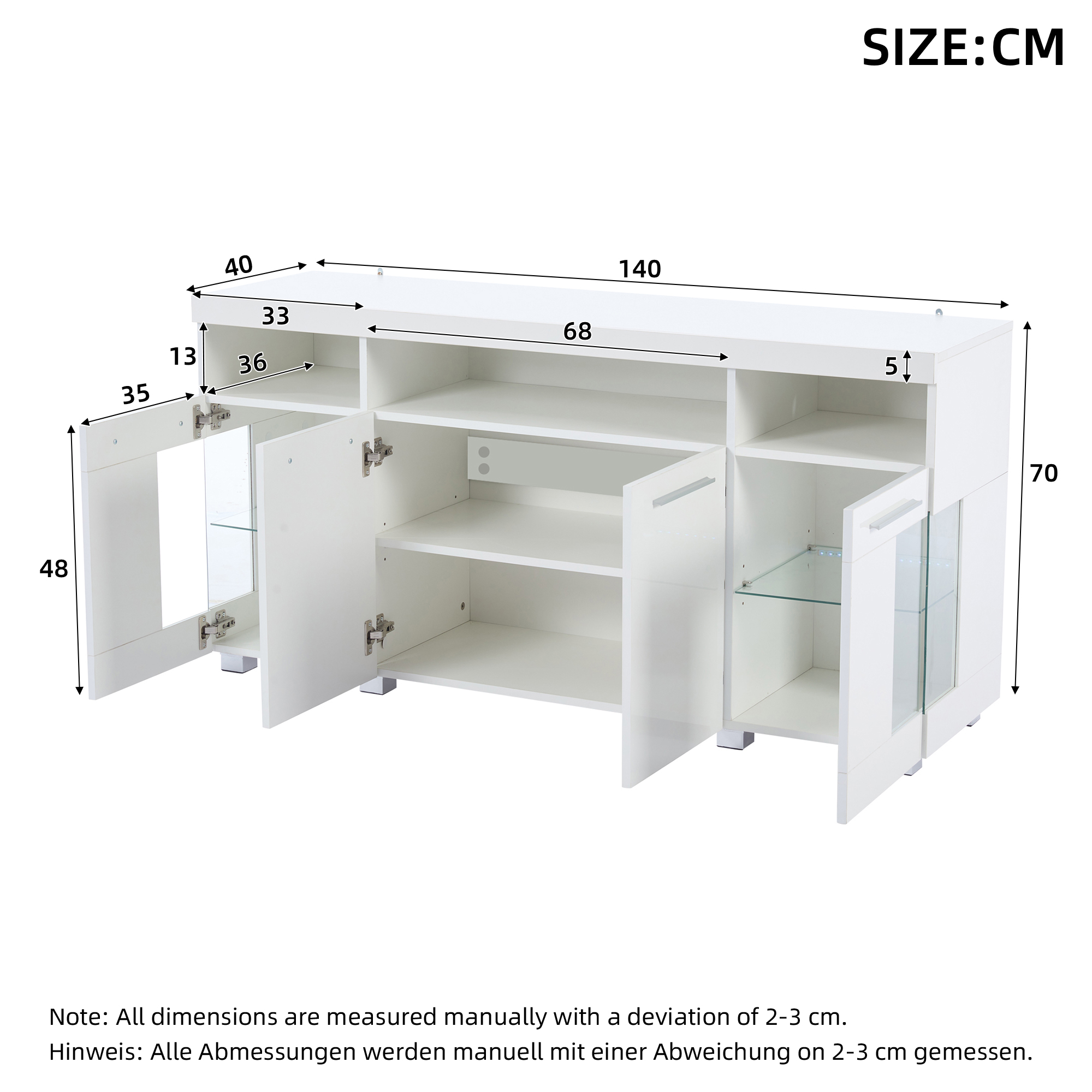 140x40x70cm High Gloss White Sideboard, Modern Storage Cabinet With LED — image 3