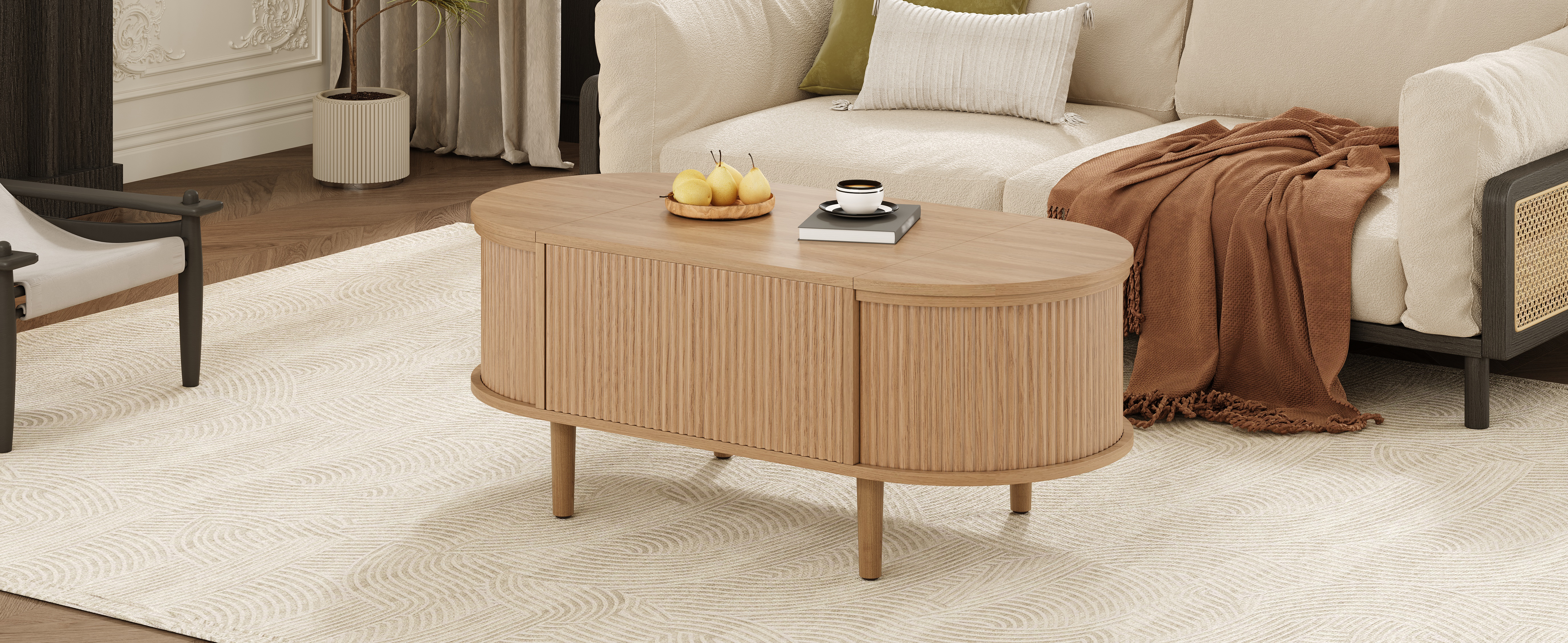Oval, Adjustable Coffee Table With Storage, Vintage Style, Living Room Solid — image 2