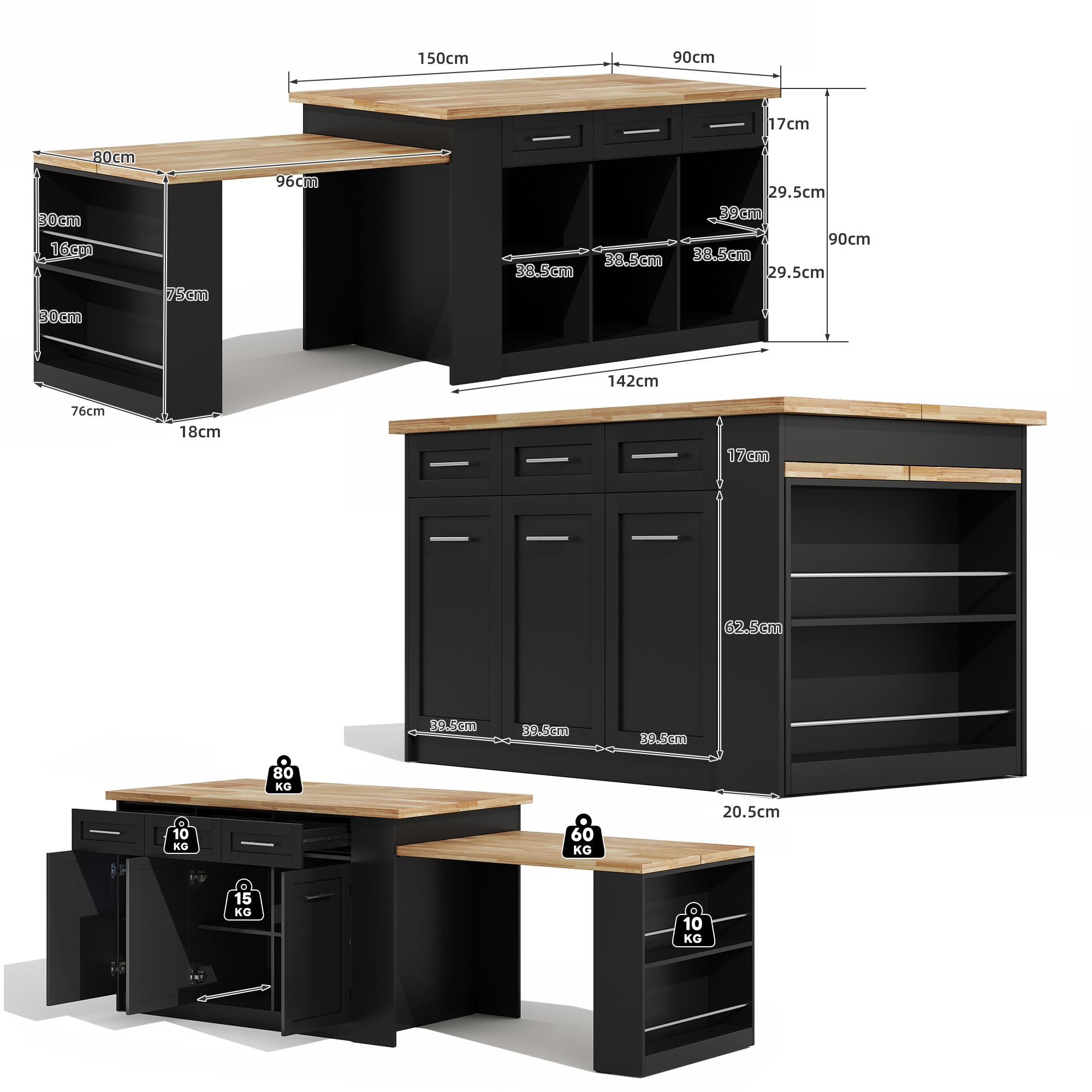 Kitchen Island With Extendable Dining Table, Large Storage Cabinet Drawers — image 3