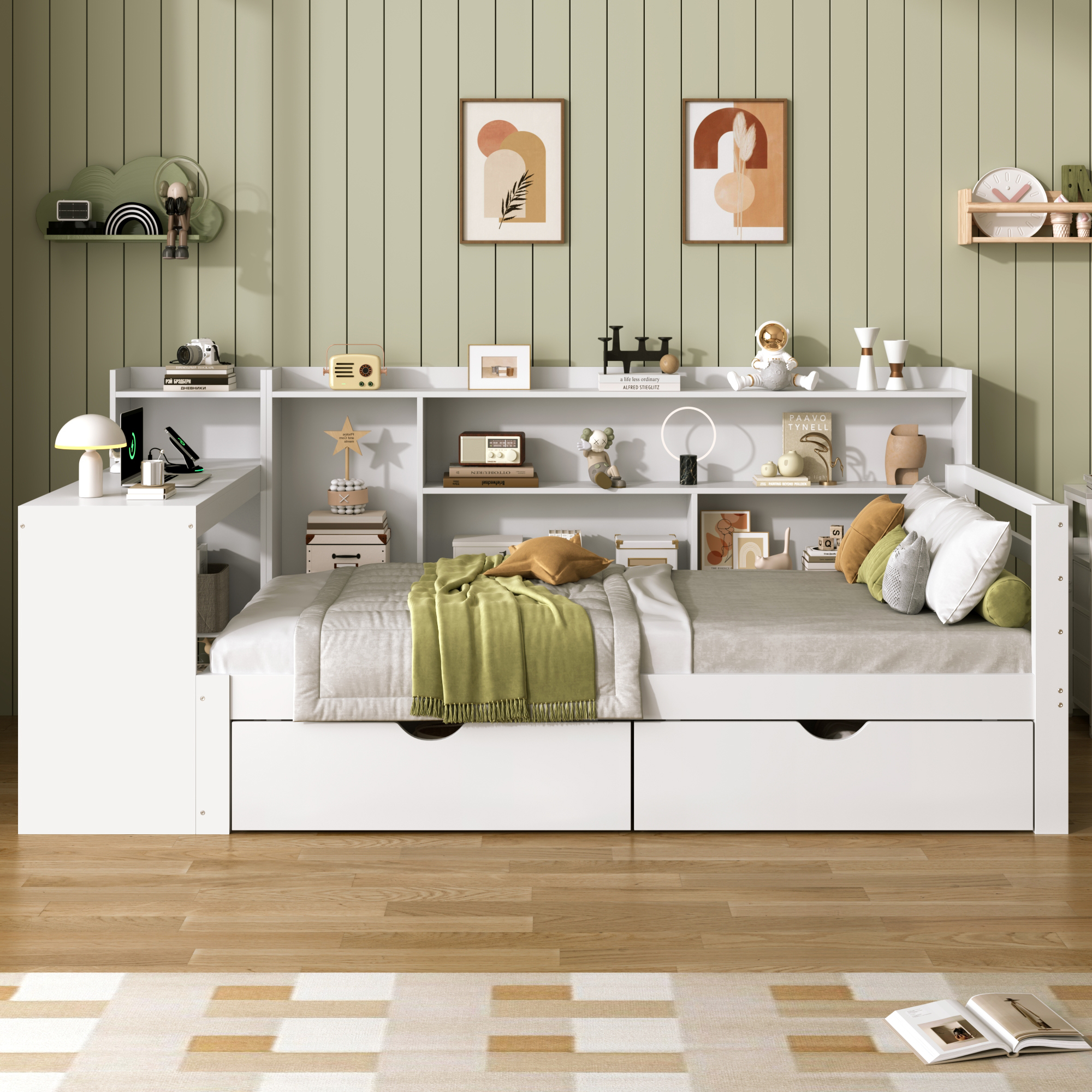 3ft Single Bed Frame With Storage Drawers And Bookcase Headboard, Modern — image 2