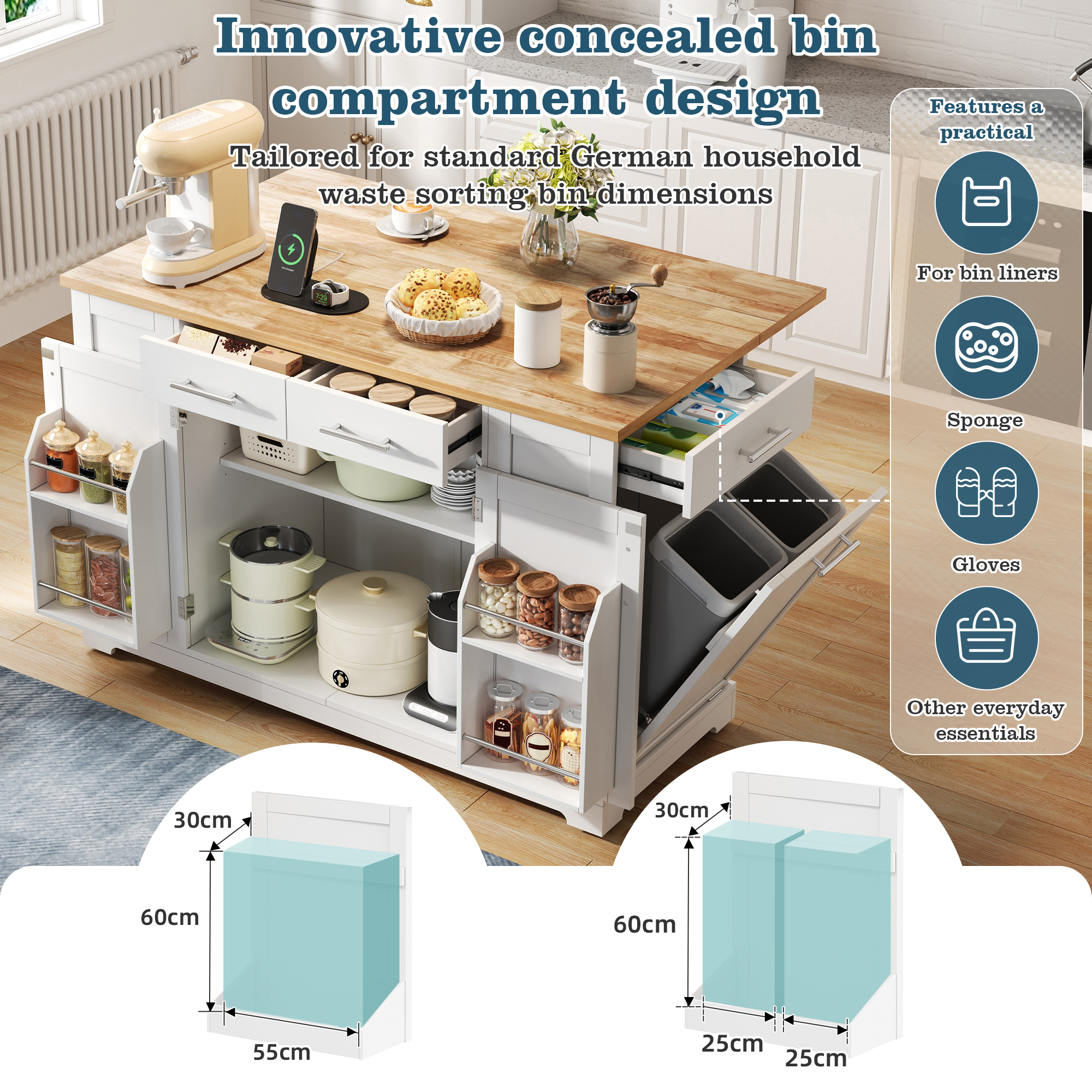 138 Cm Large Kitchen Island On Wheels, Cabinet With Folding Worktop, Stationary — image 4