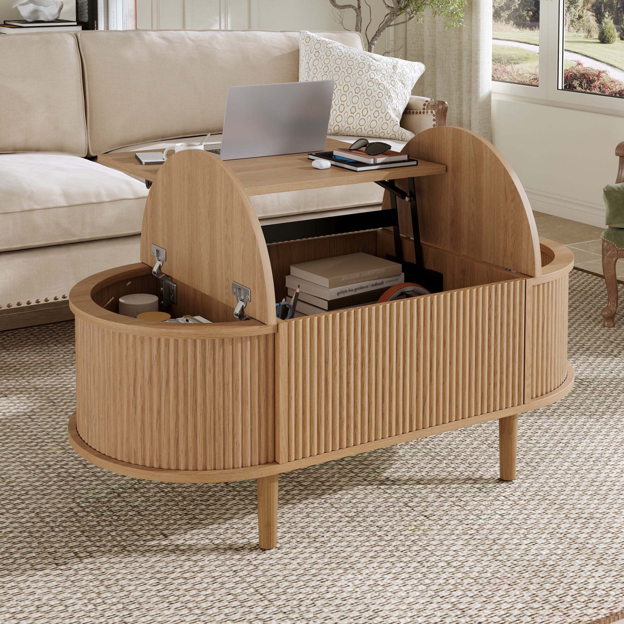 Oval, Adjustable Coffee Table With Storage, Vintage Style, Living Room Solid