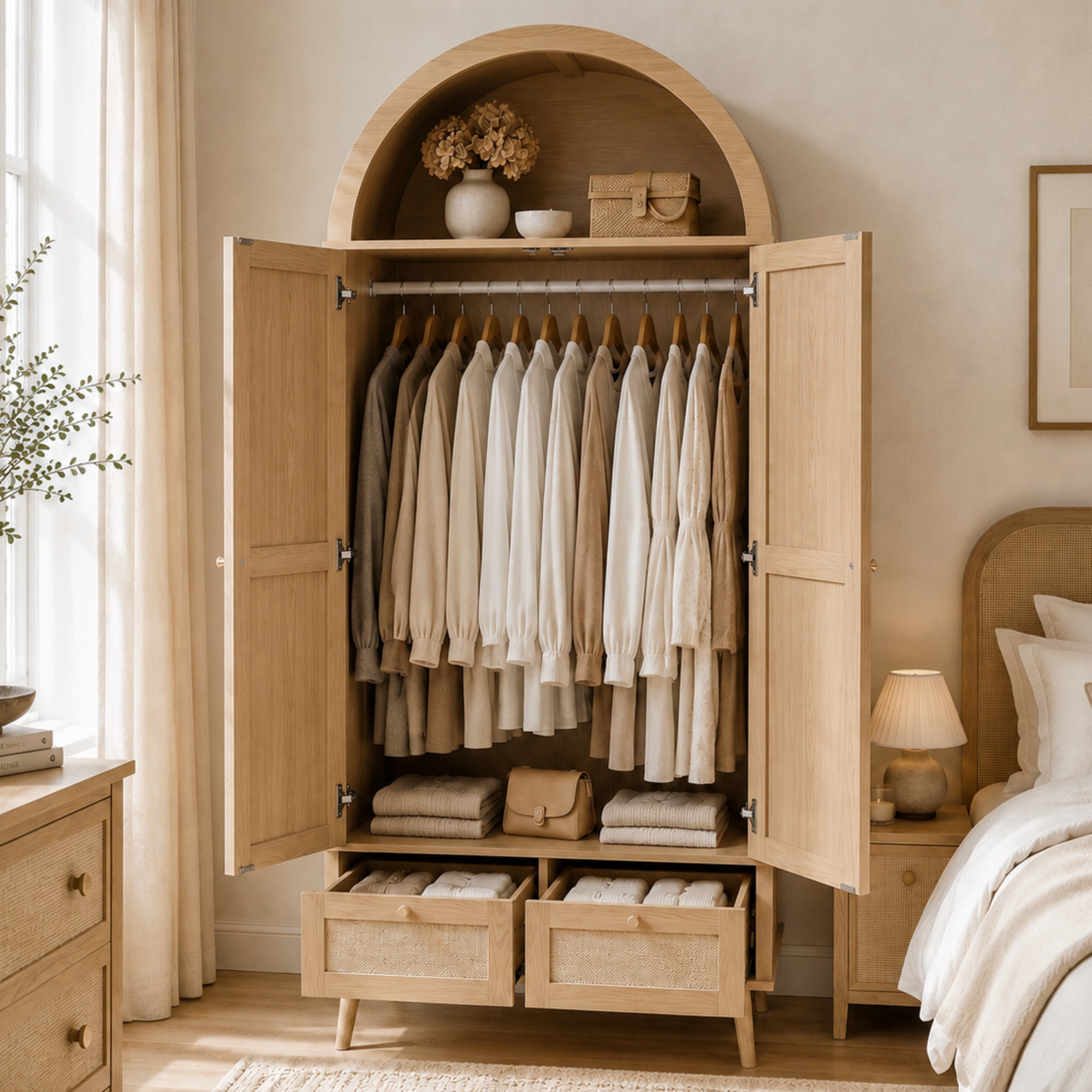 Arched Wardrobe With 2 Doors & 2 Drawers, 180cm Tall Rattan-Effect Double — image 2