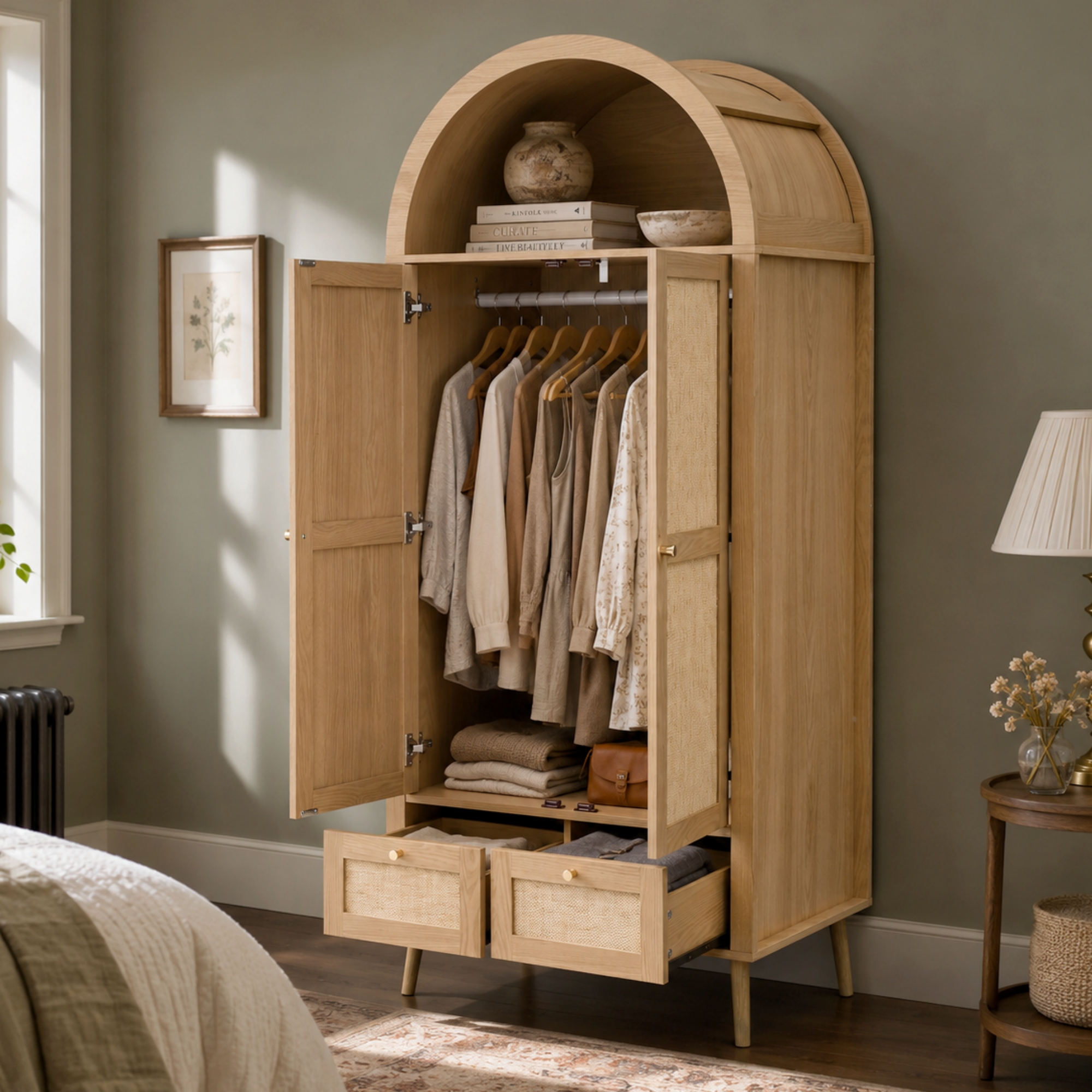 Arched Wardrobe With 2 Doors & 2 Drawers, 180cm Tall Rattan-Effect Double — image 3