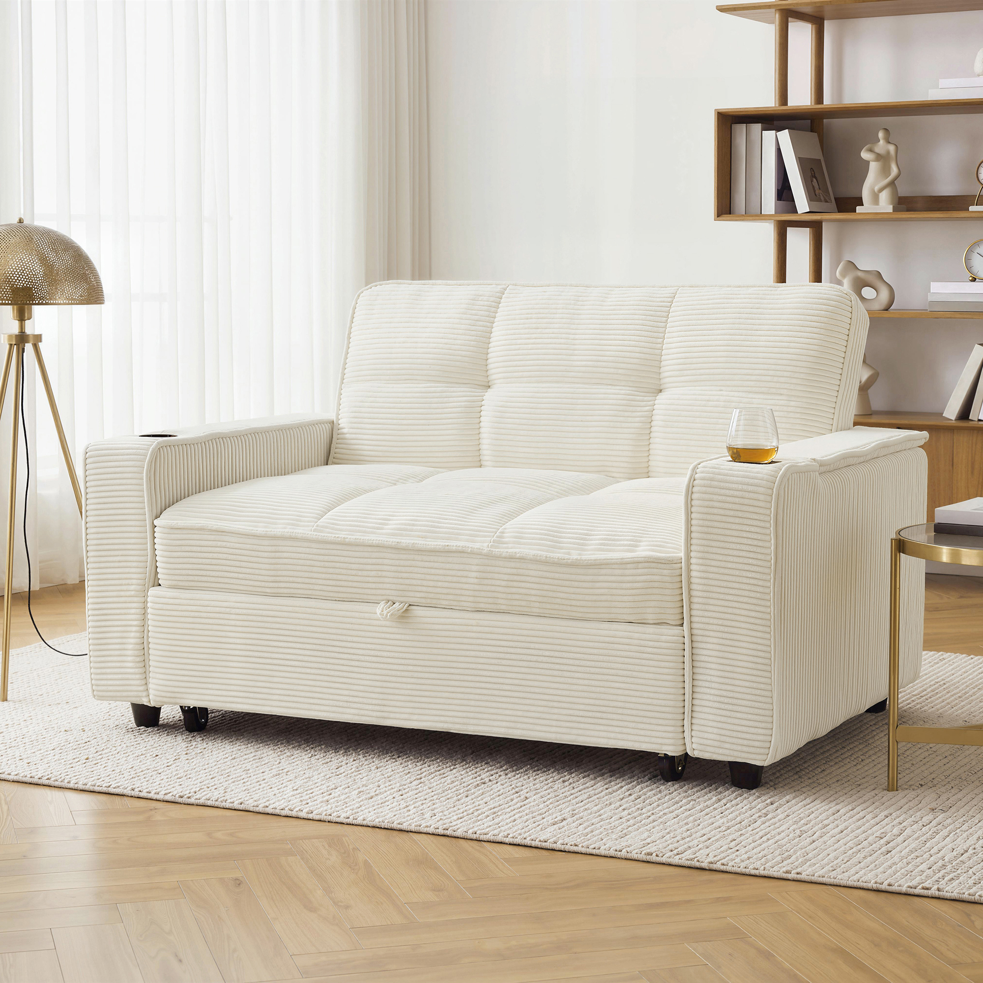 Sofa Bed 2 Seater, Convertible Sleeper With 7-Color LED Lights, Corduroy
