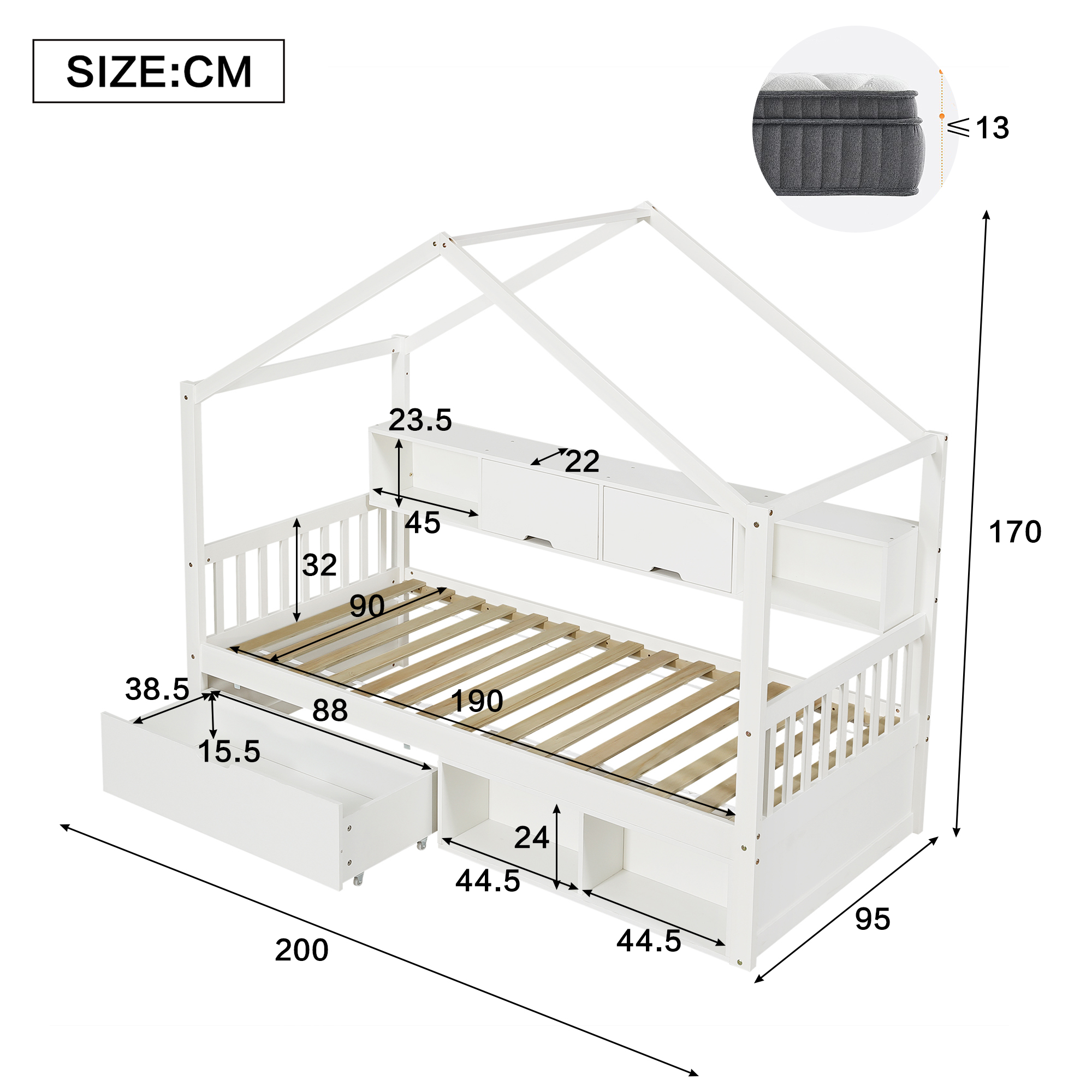 Wooden Bed, Storage , Children's 3ft Single 90x190cm, Safety Guardrail