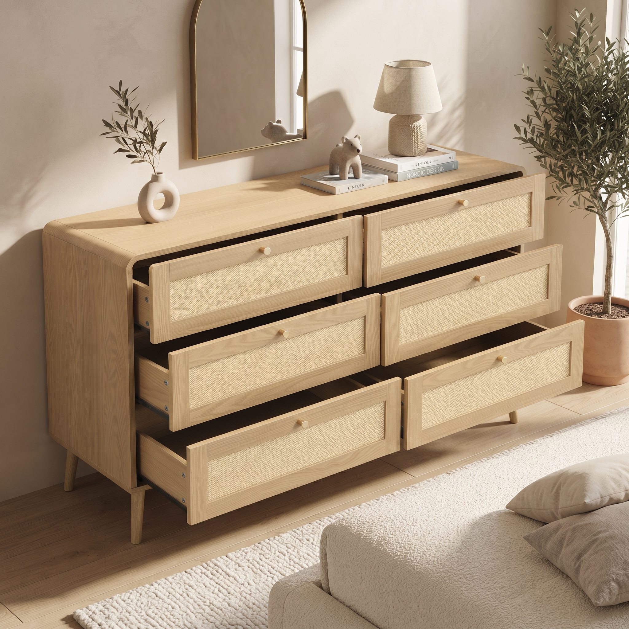 6 Drawer Chest Of Drawers, 120cm Wide Rattan-Effect Dresser With Natural Wood — image 2