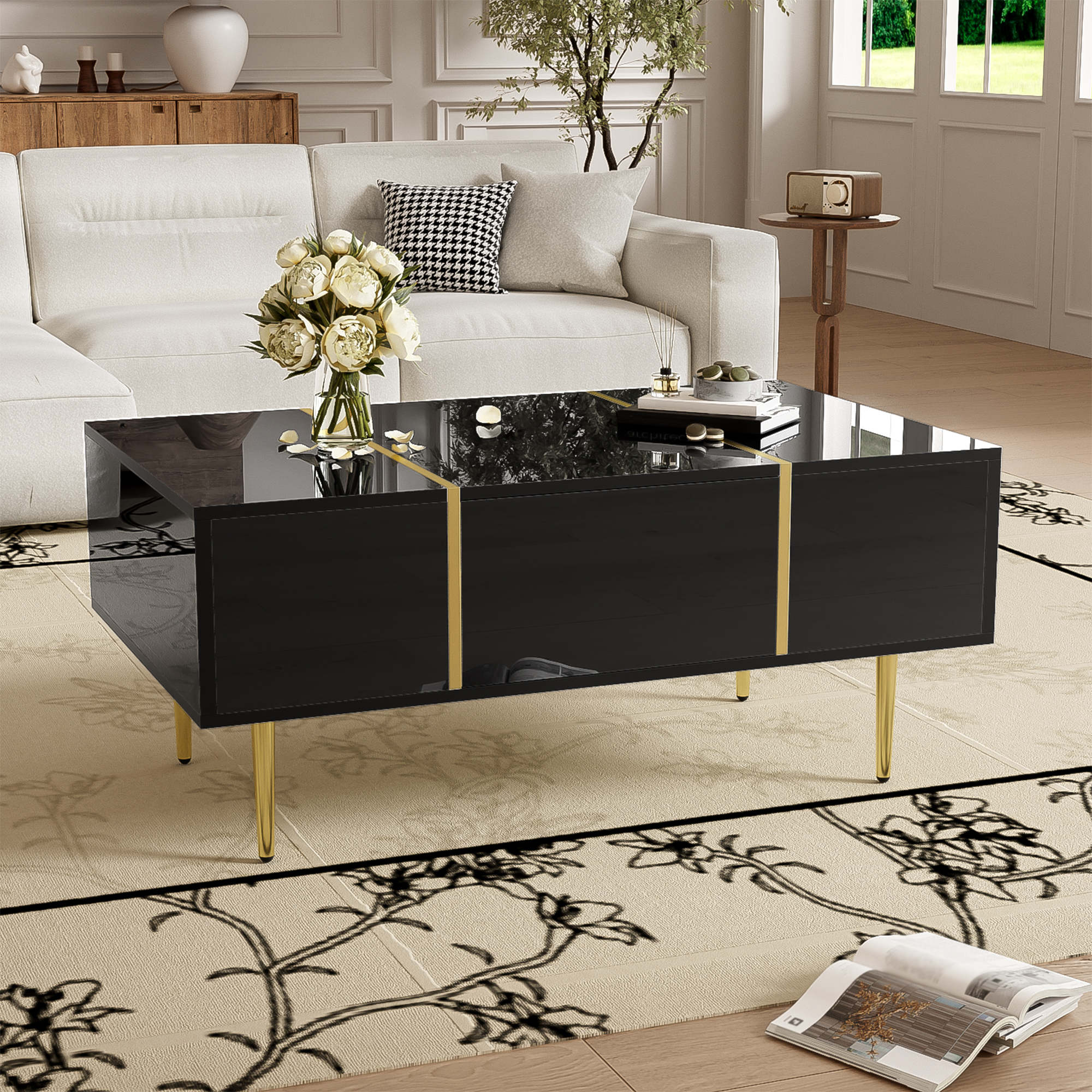Black High-gloss Coffee Table, Modern And Simple, With 2 Drawers