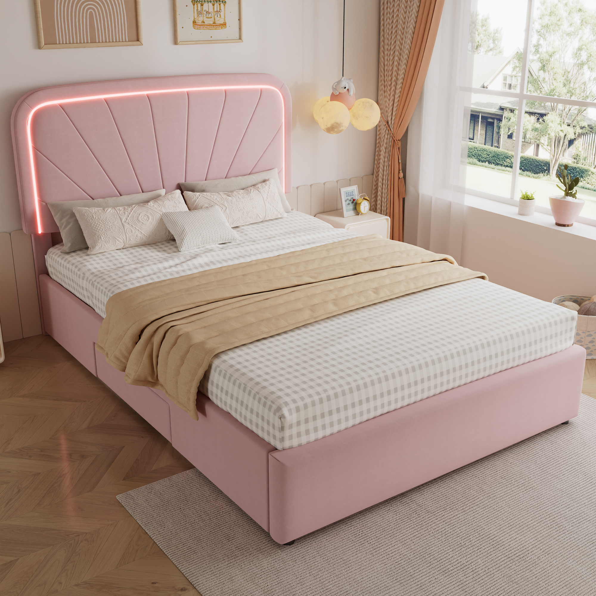 Upholstered Bed, Children's Velvet Backrest, 4ft6 Double Frame With 2 Storage