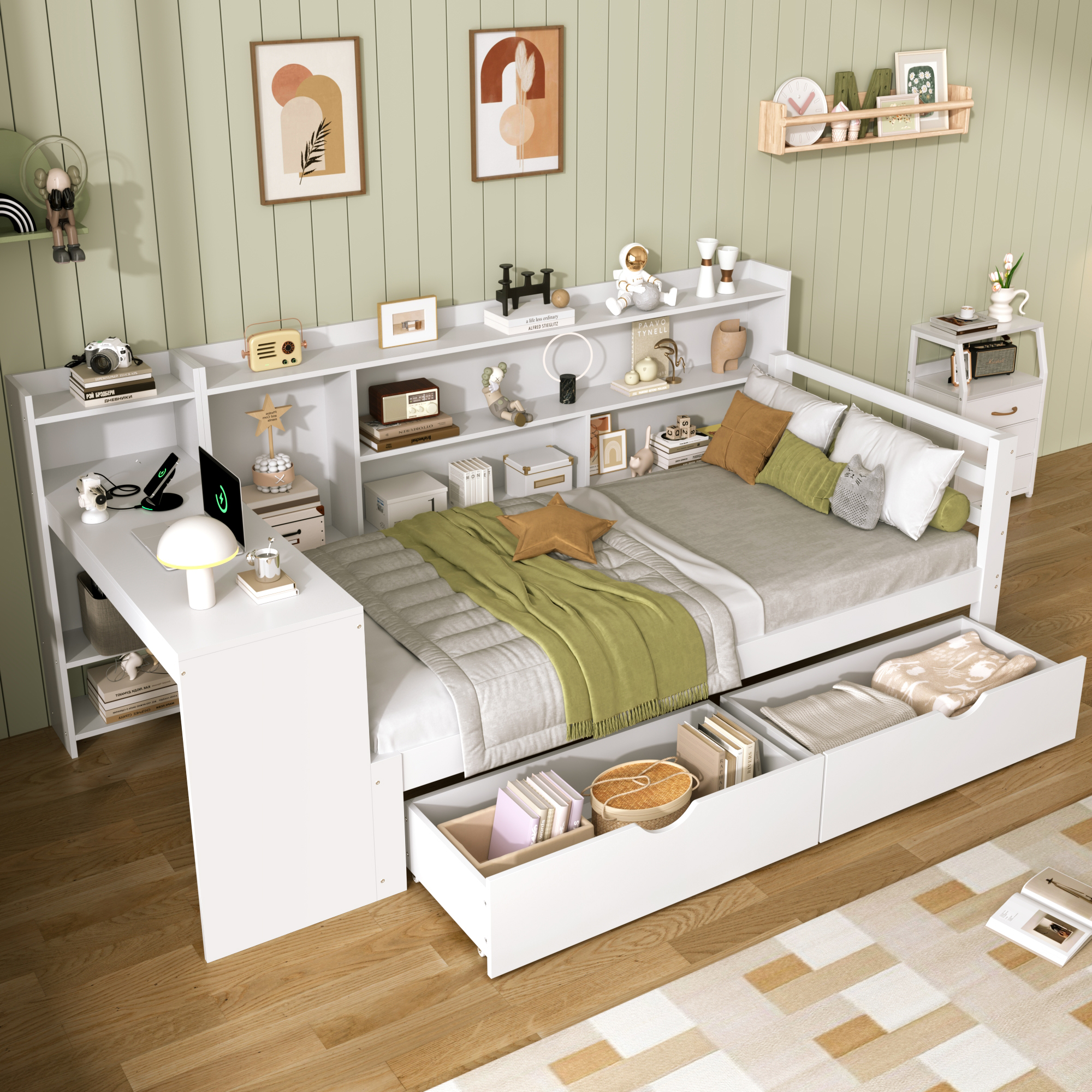 3ft Single Bed Frame With Storage Drawers And Bookcase Headboard, Modern