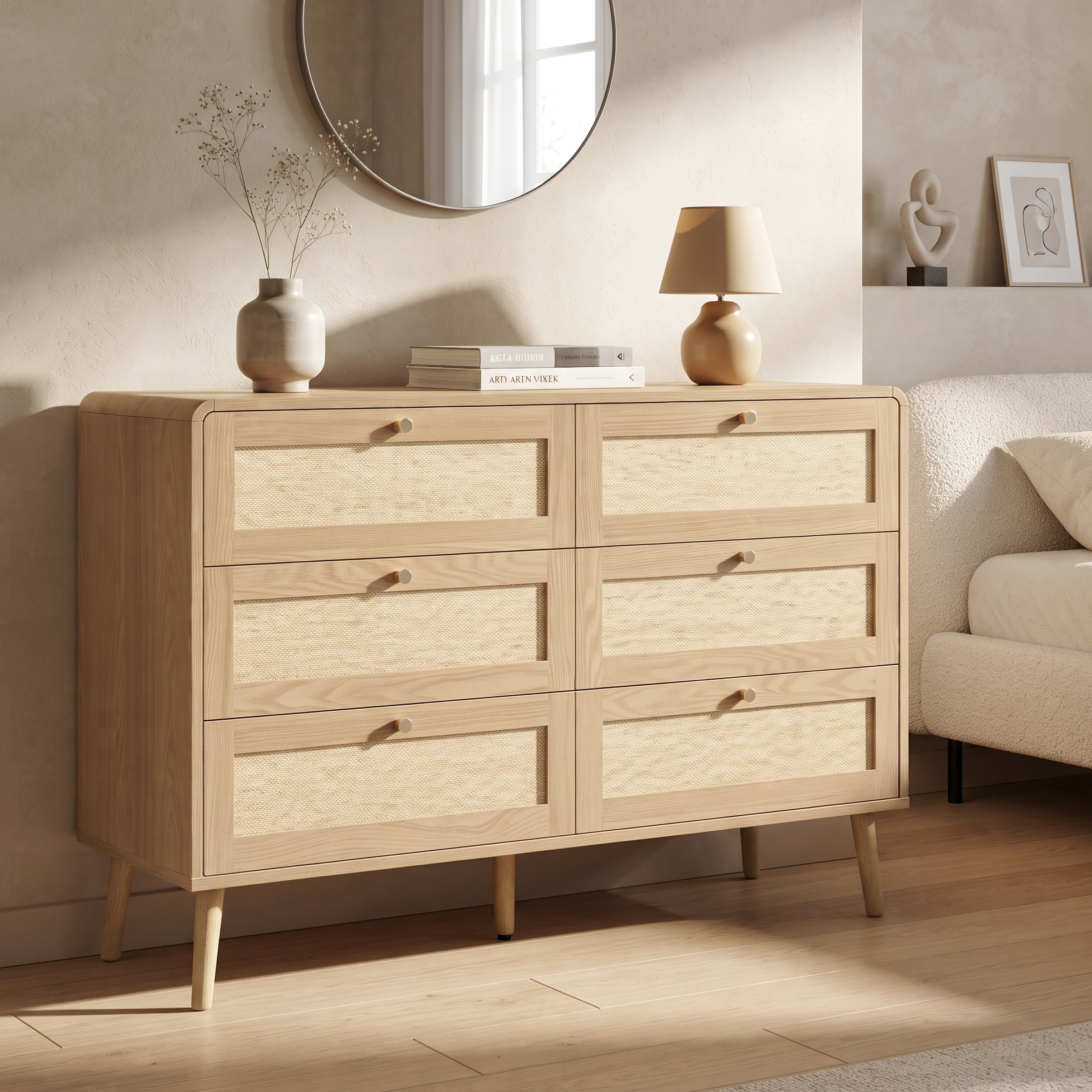 6 Drawer Chest Of Drawers, 120cm Wide Rattan-Effect Dresser With Natural Wood — image 4