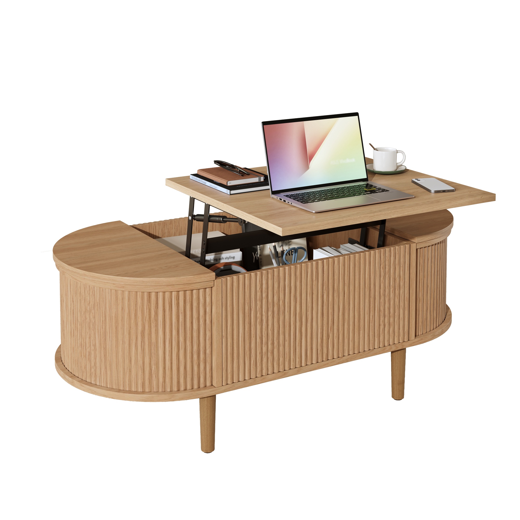 Oval, Adjustable Coffee Table With Storage, Vintage Style, Living Room Solid — image 4