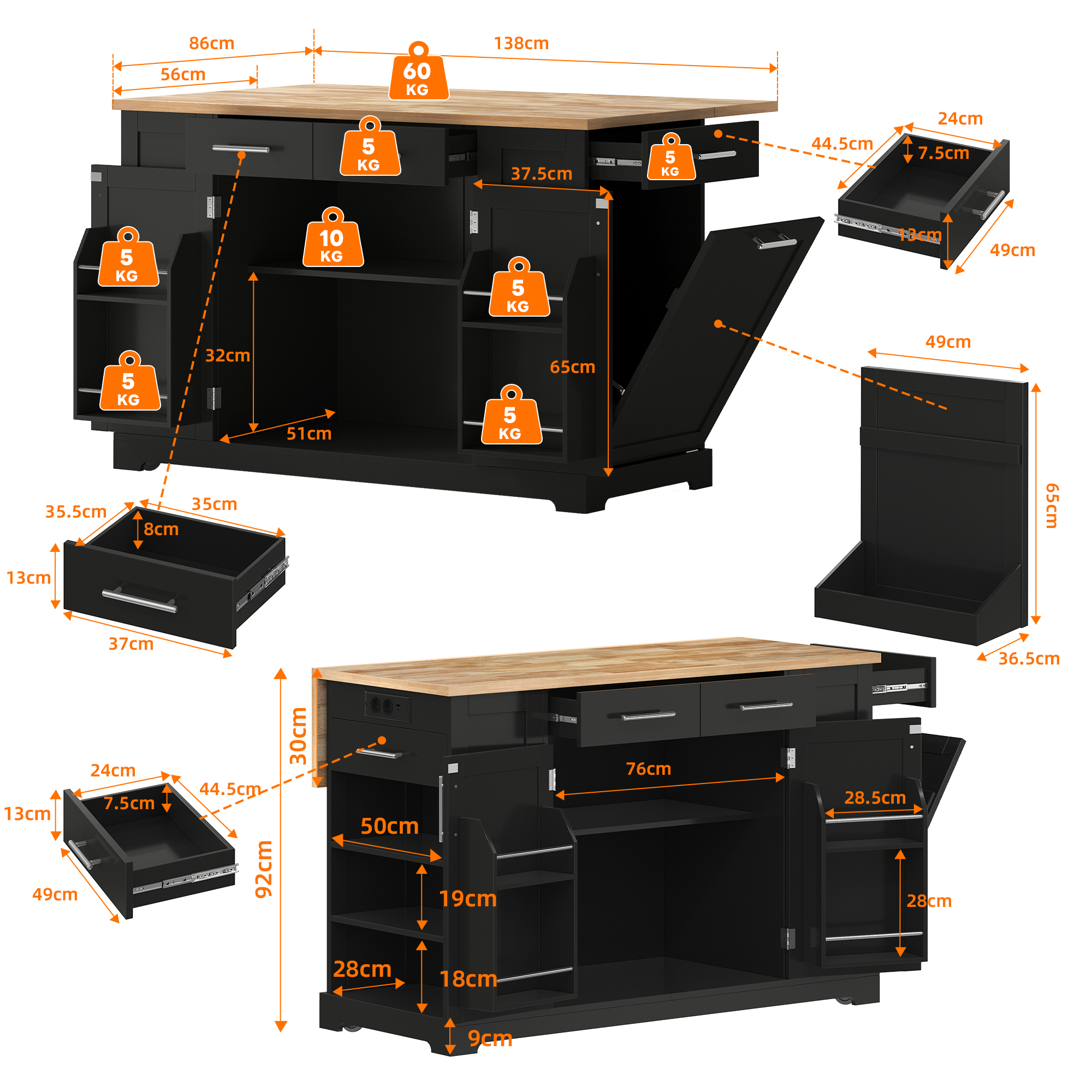 138 Cm Large Kitchen Island On Wheels, Cabinet With Folding Worktop, Stationary — image 4