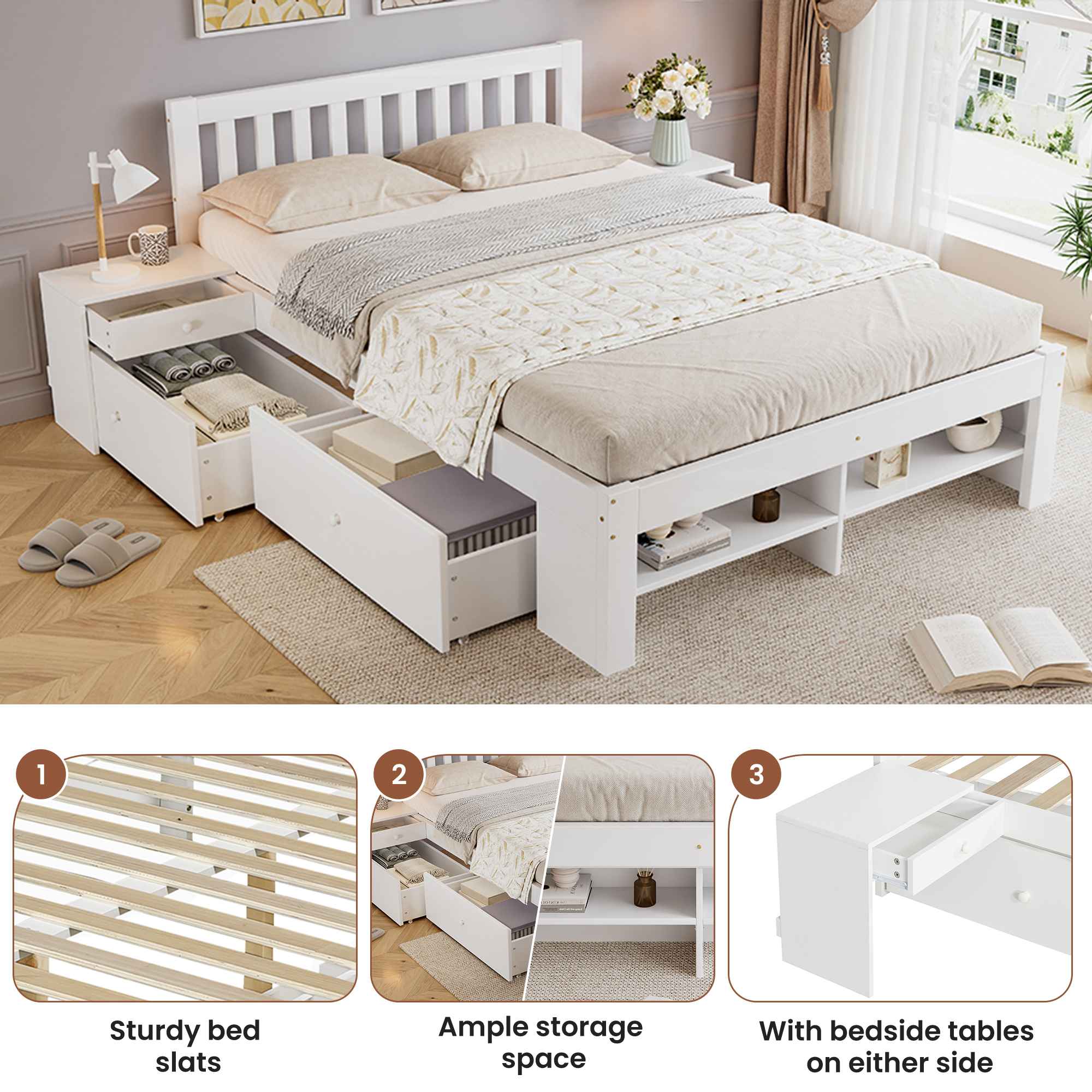 Wooden Bed, 4ft6 Double 135x190cm, Sturdy Slats, Storage Two Drawers Under — image 3