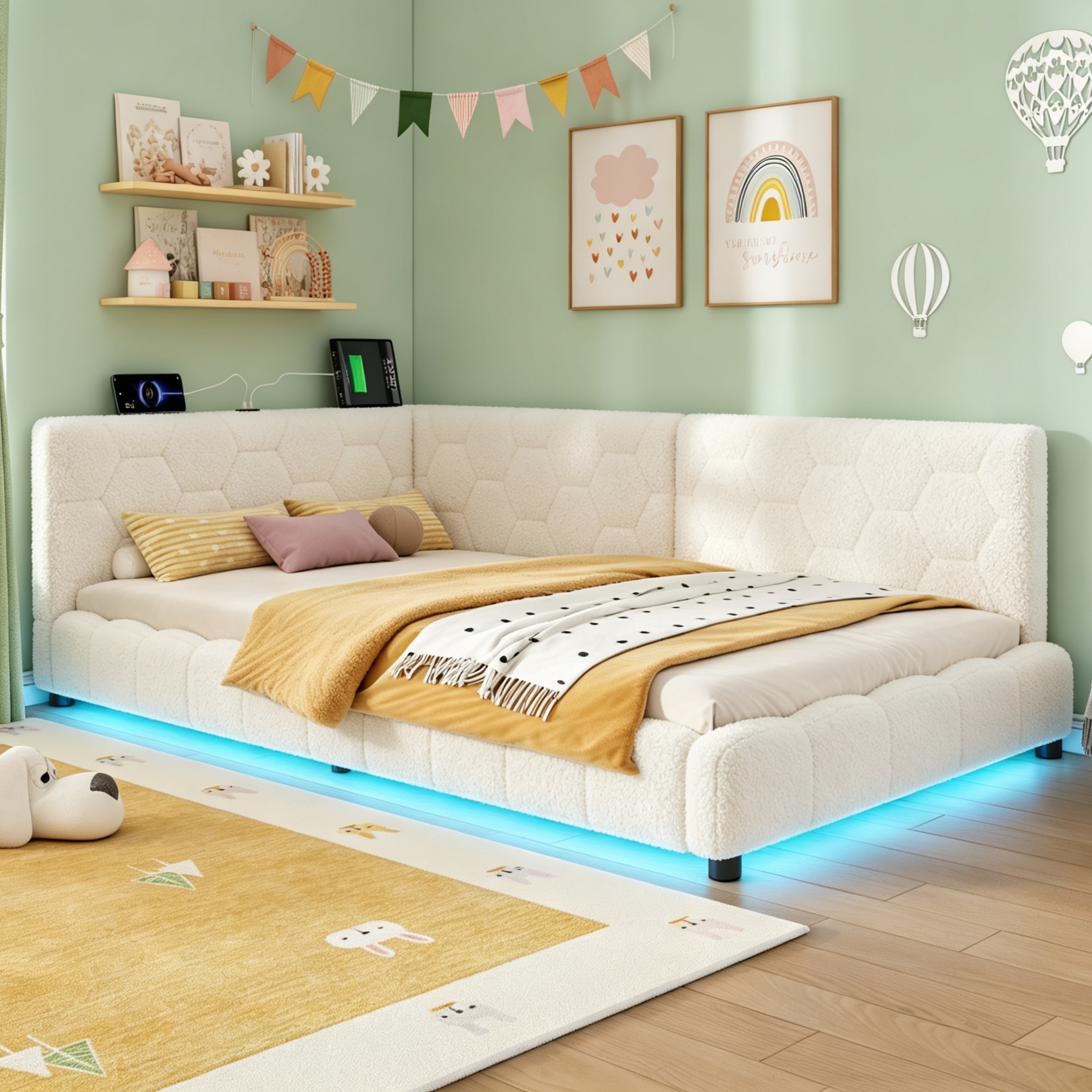 3ft Single Boucle Bed Frame With Smart RGB LED Lights & Charging Station — image 3
