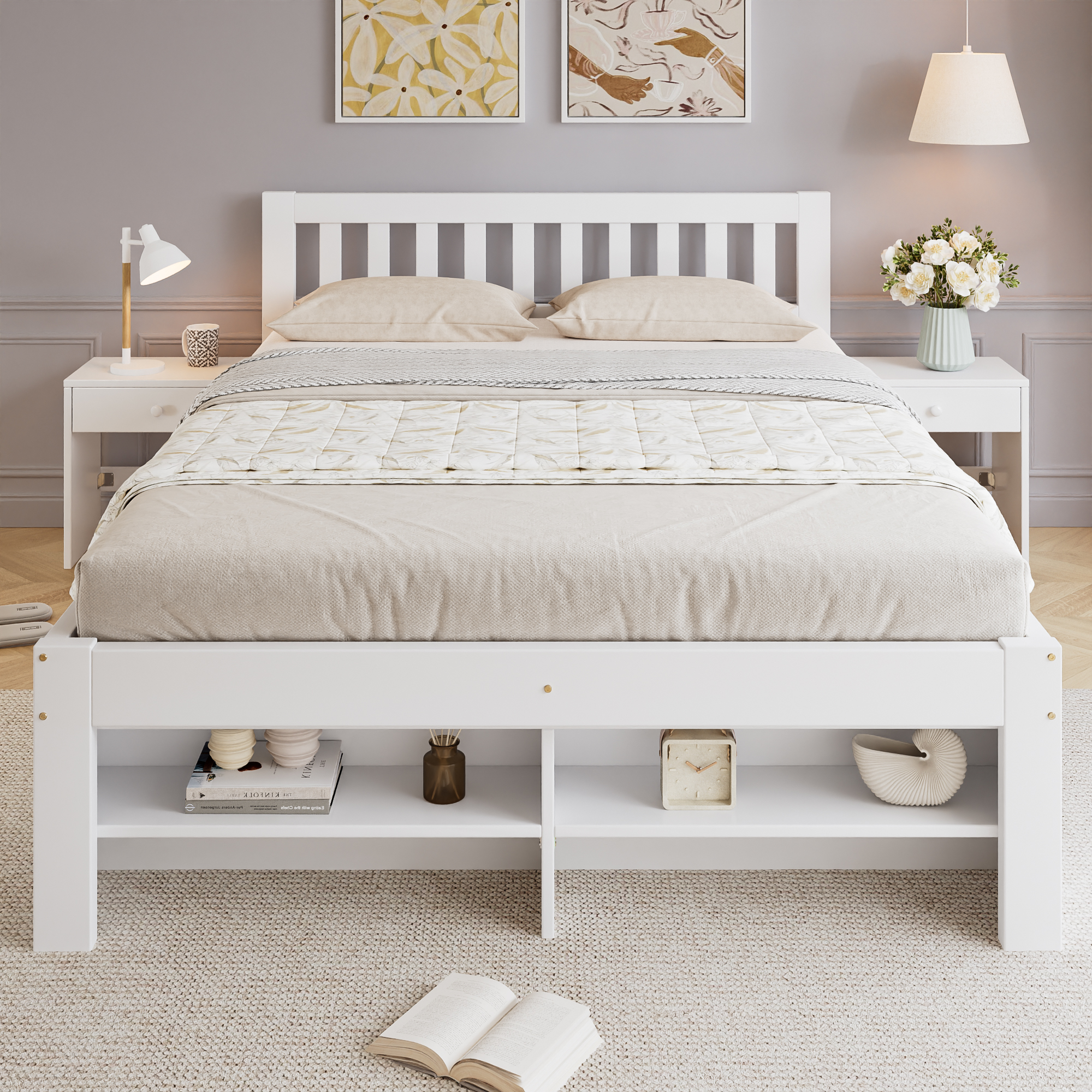 Wooden Bed, 4ft6 Double 135x190cm, Sturdy Slats, Storage Two Drawers Under — image 2
