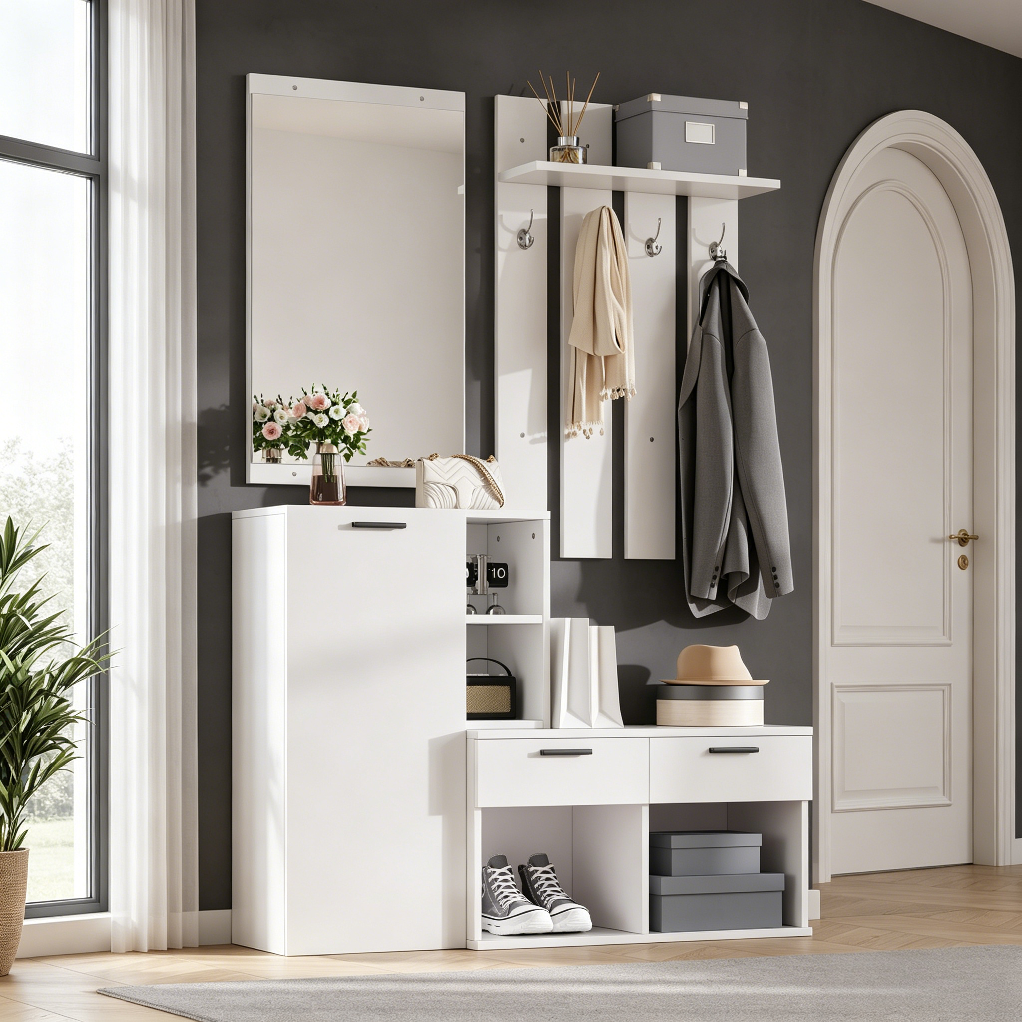 120x35x175.5cm Modern White Hallway Furniture Sets, Entryway Wardrobe With Shoe — image 3