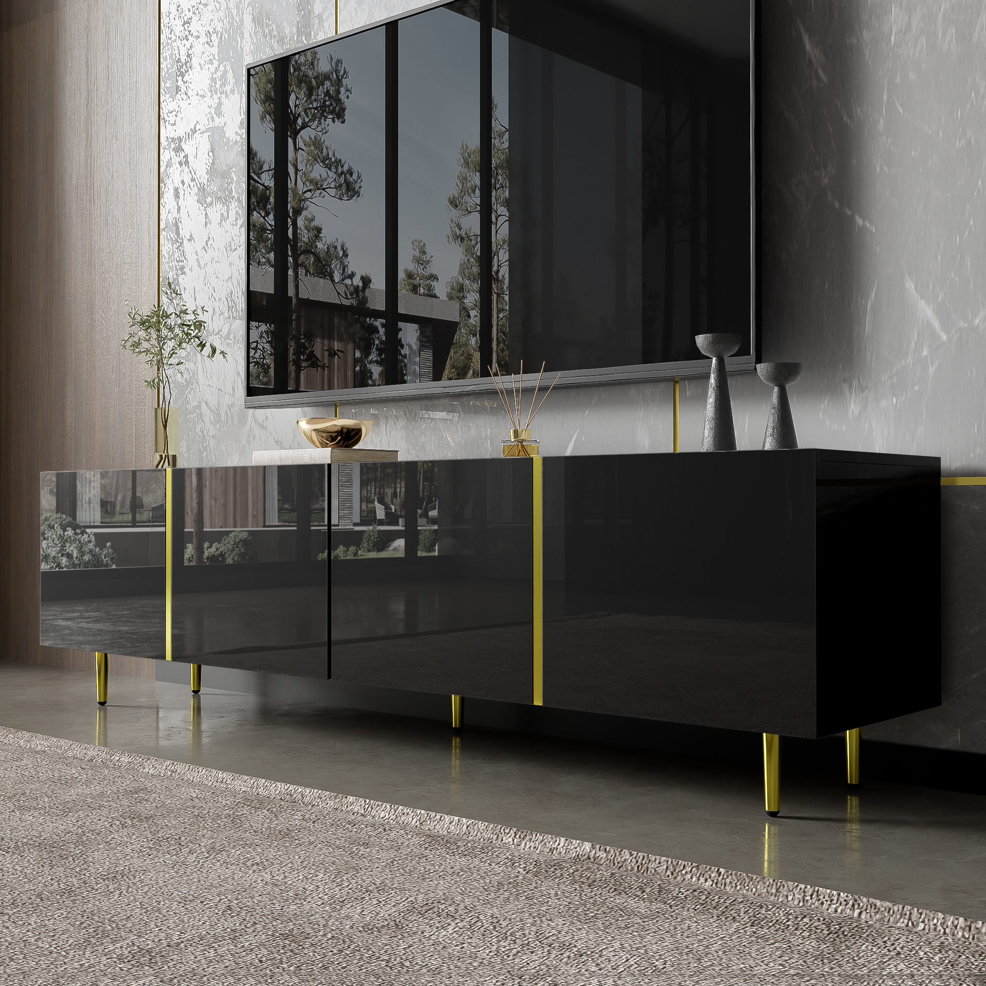 High-gloss TV Cabinet With Four Doors, Modern And Simple, In Black — image 3