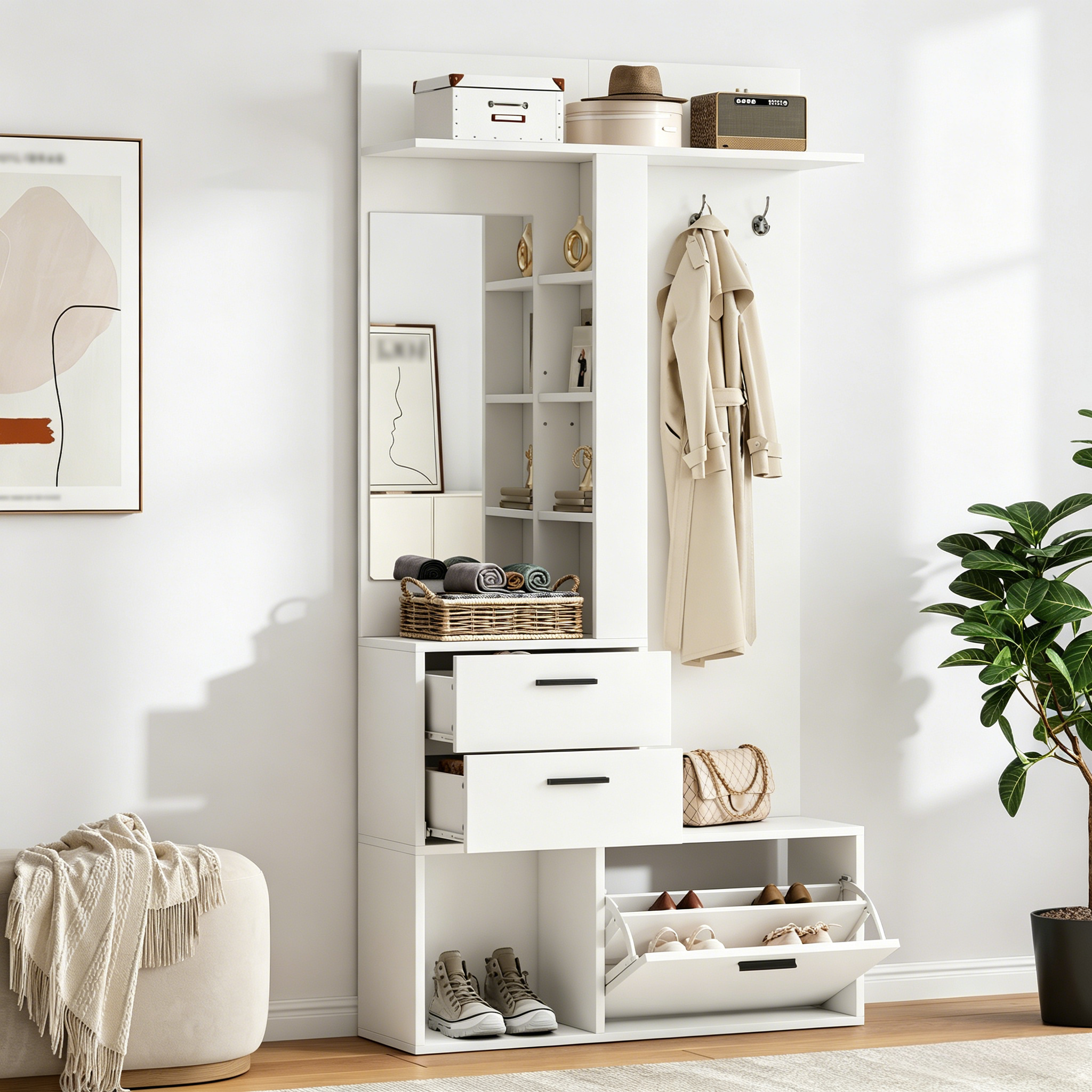 Modern White Hallway Furniture Set, 90x30x180cm Hall Tree Entryway Coat Rack — image 3