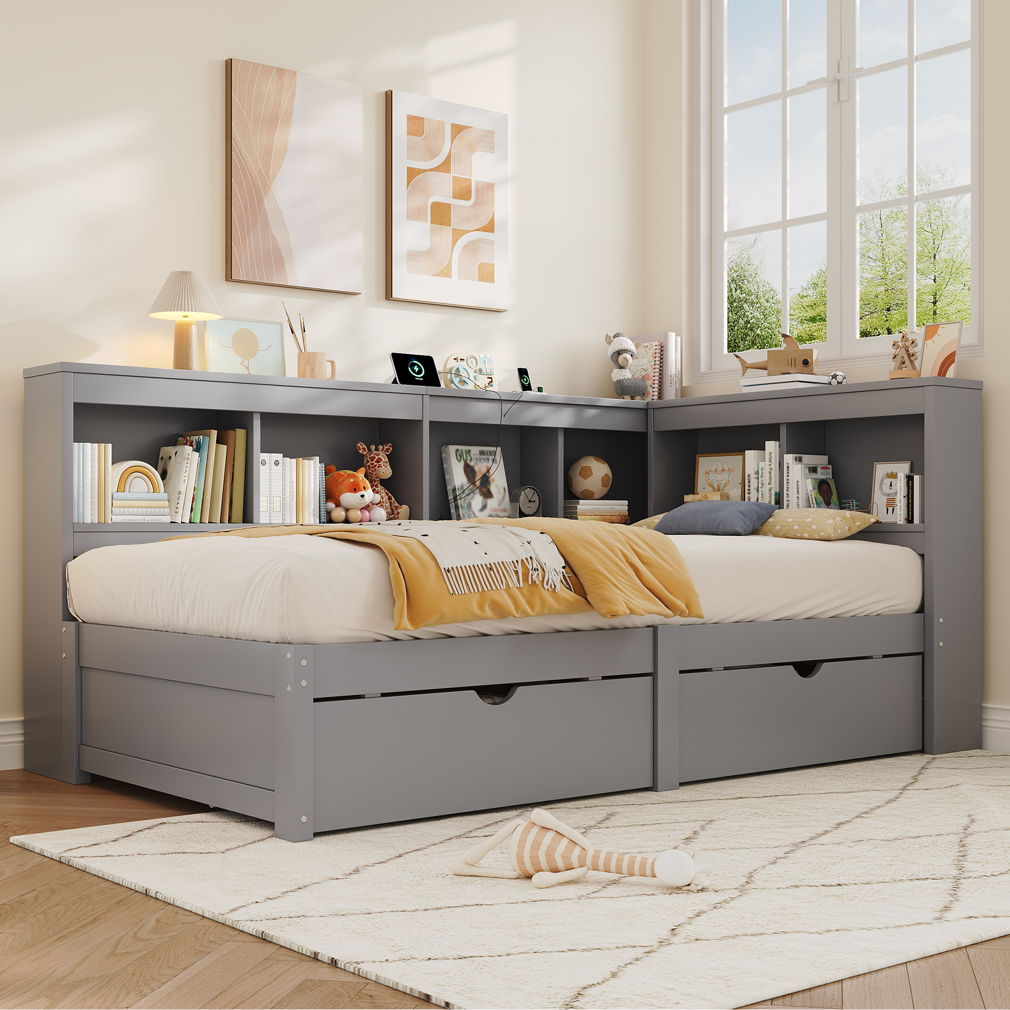 3ft Single L-Shape Daybed With Two Storage Drawers And Bookcase Modern Bed — image 3