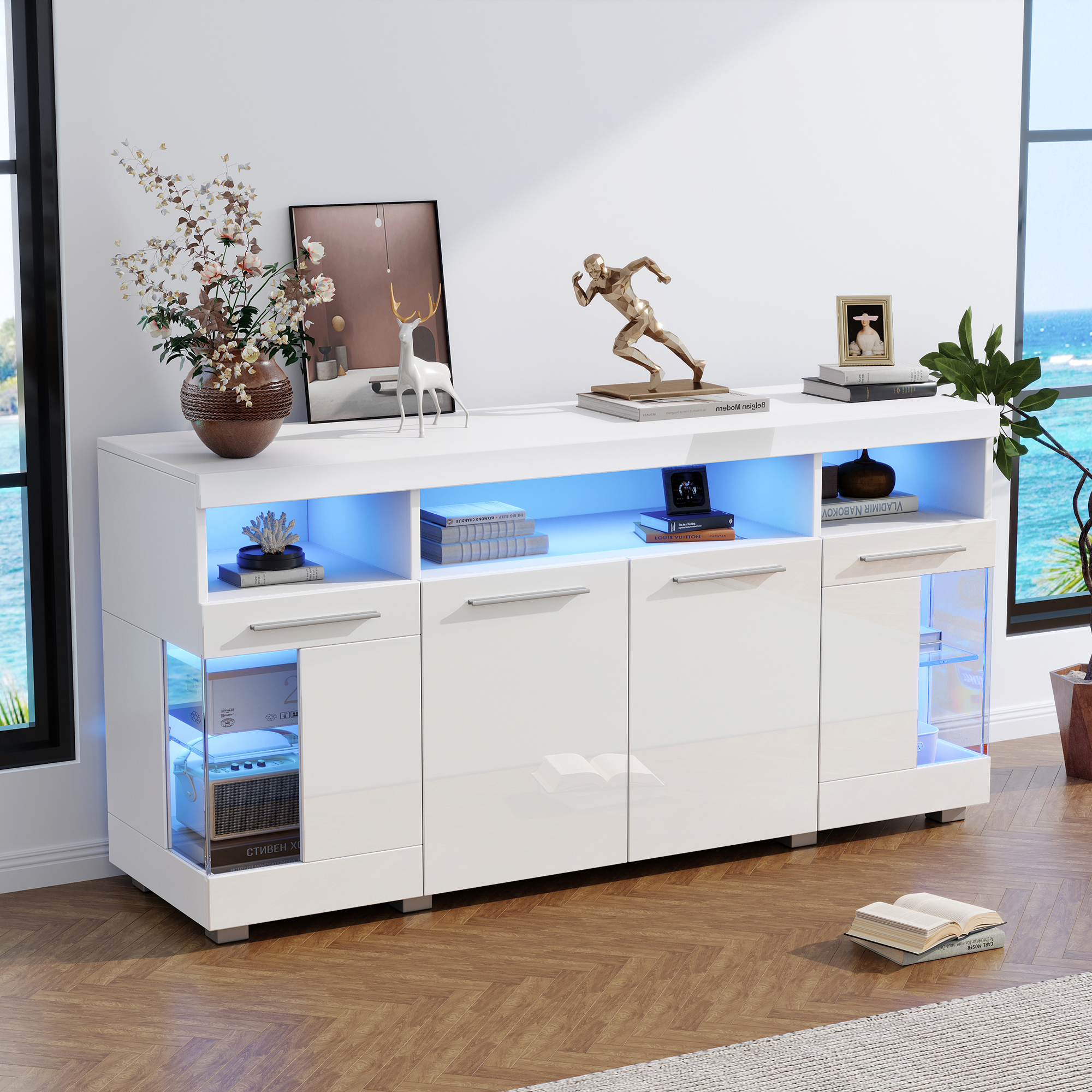 140x40x70cm High Gloss White Sideboard, Modern Storage Cabinet With LED — image 5
