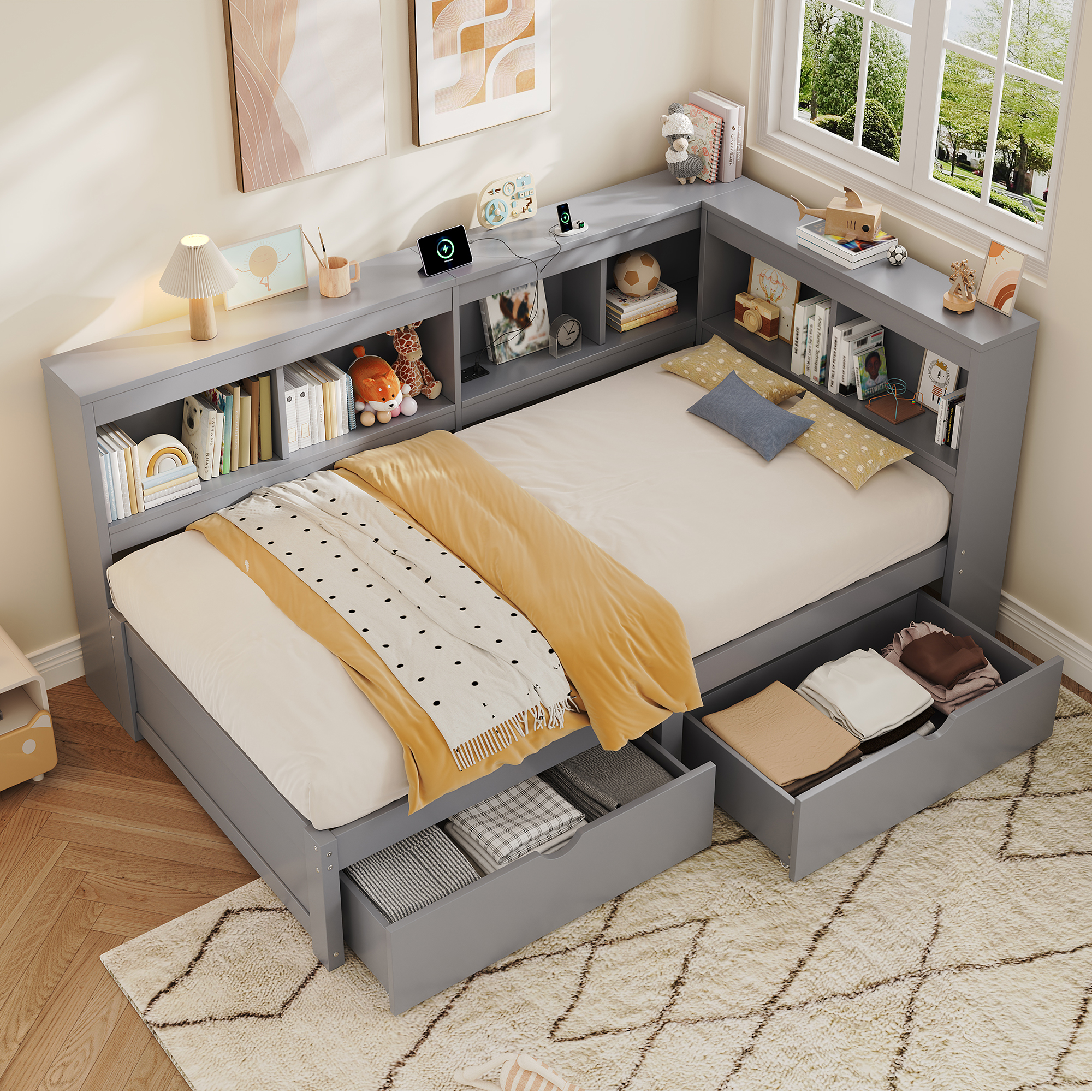 3ft Single L-Shape Daybed With Two Storage Drawers And Bookcase Modern Bed — image 5