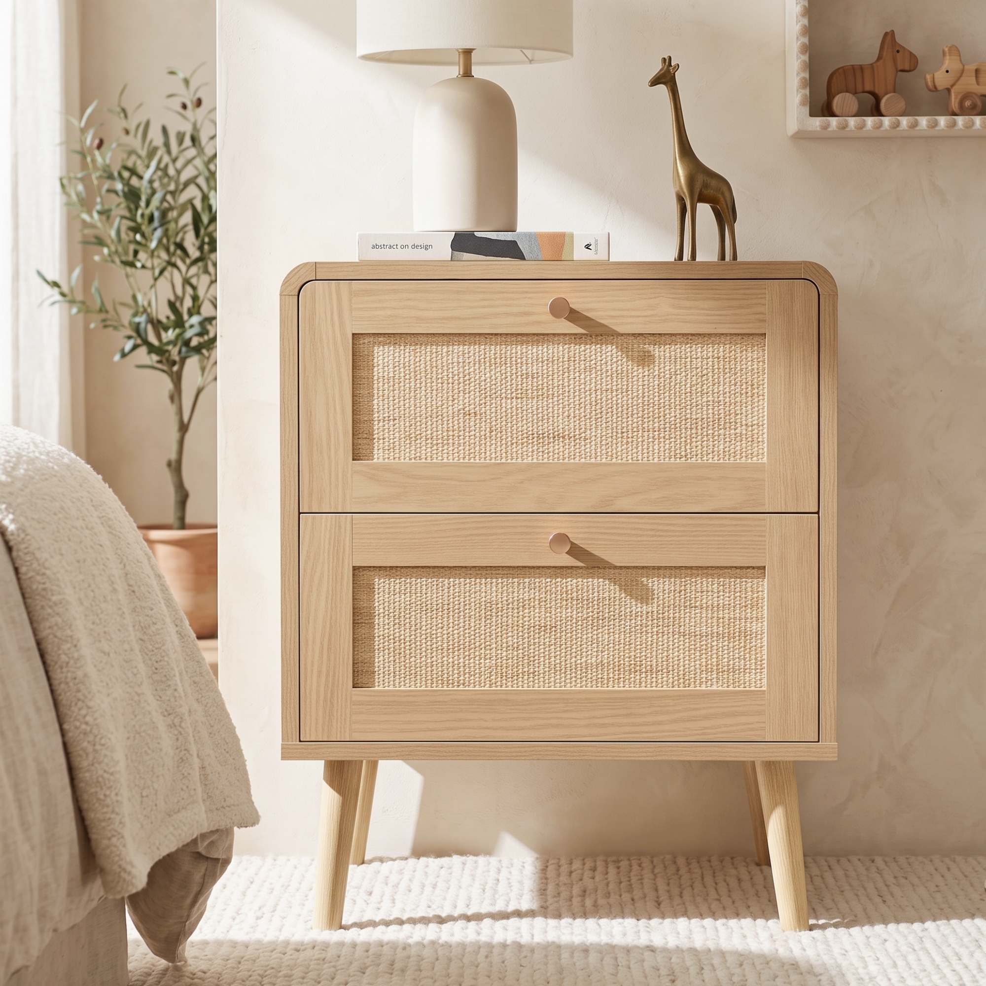 Set Of 2 Bedside Tables With 2 Drawers, 1Rattan-Effect Nightstands In Natural