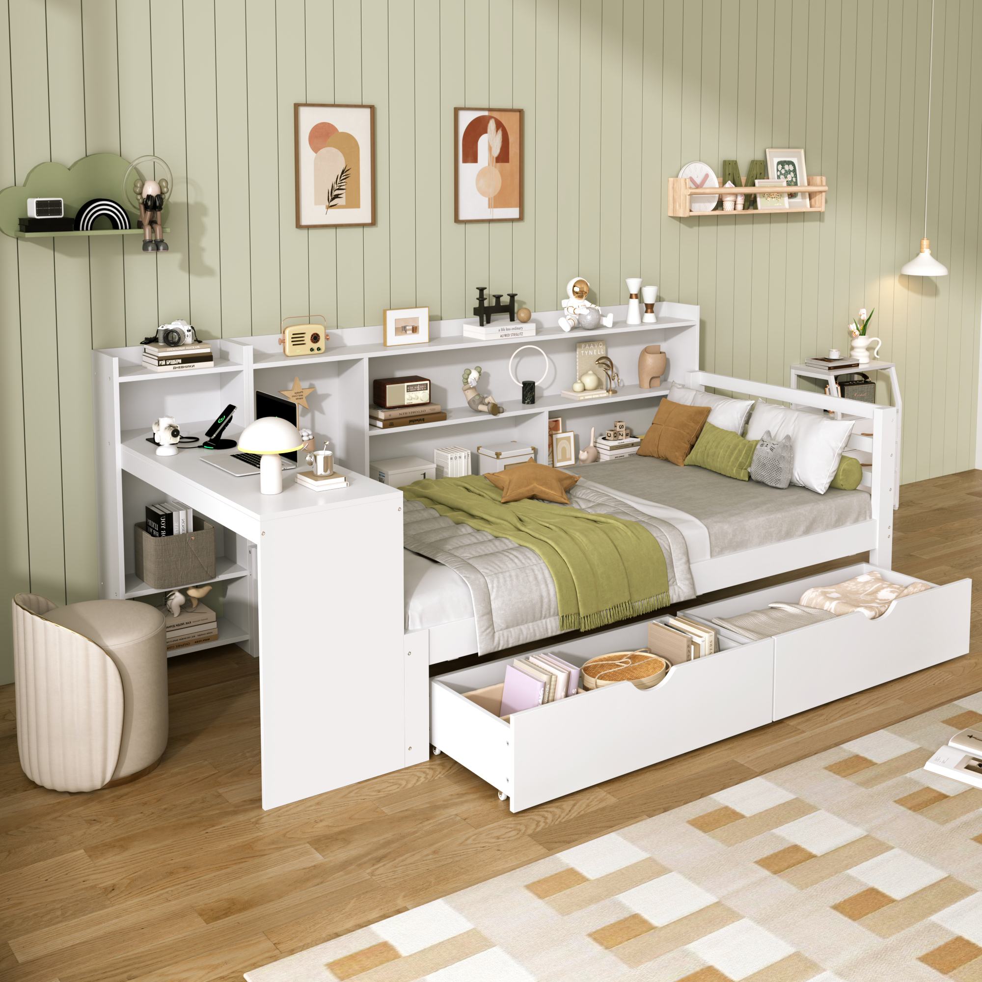 3ft Single Bed Frame With Storage Drawers And Bookcase Headboard, Modern — image 5
