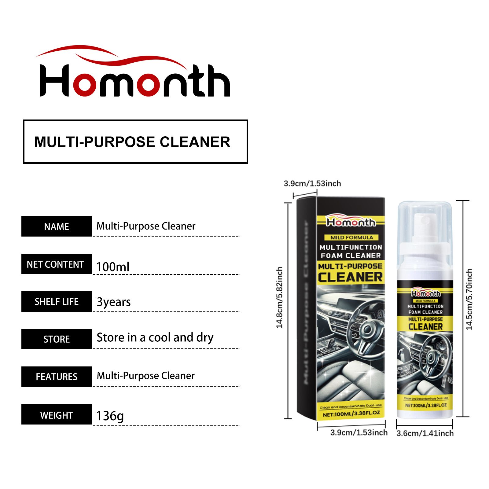 HOMONTH Multipurpose Automotive Interior Cleaner, 100 ml / 1 Bottle image 7