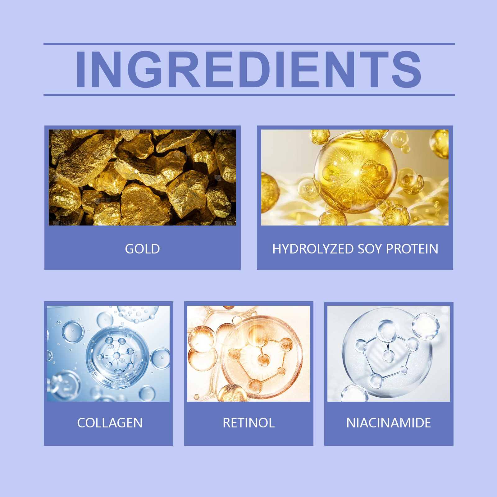 OUHOE collagen eye cream ingredient graphic featuring collagen, retinol, niacinamide, gold and hydrolyzed soy protein