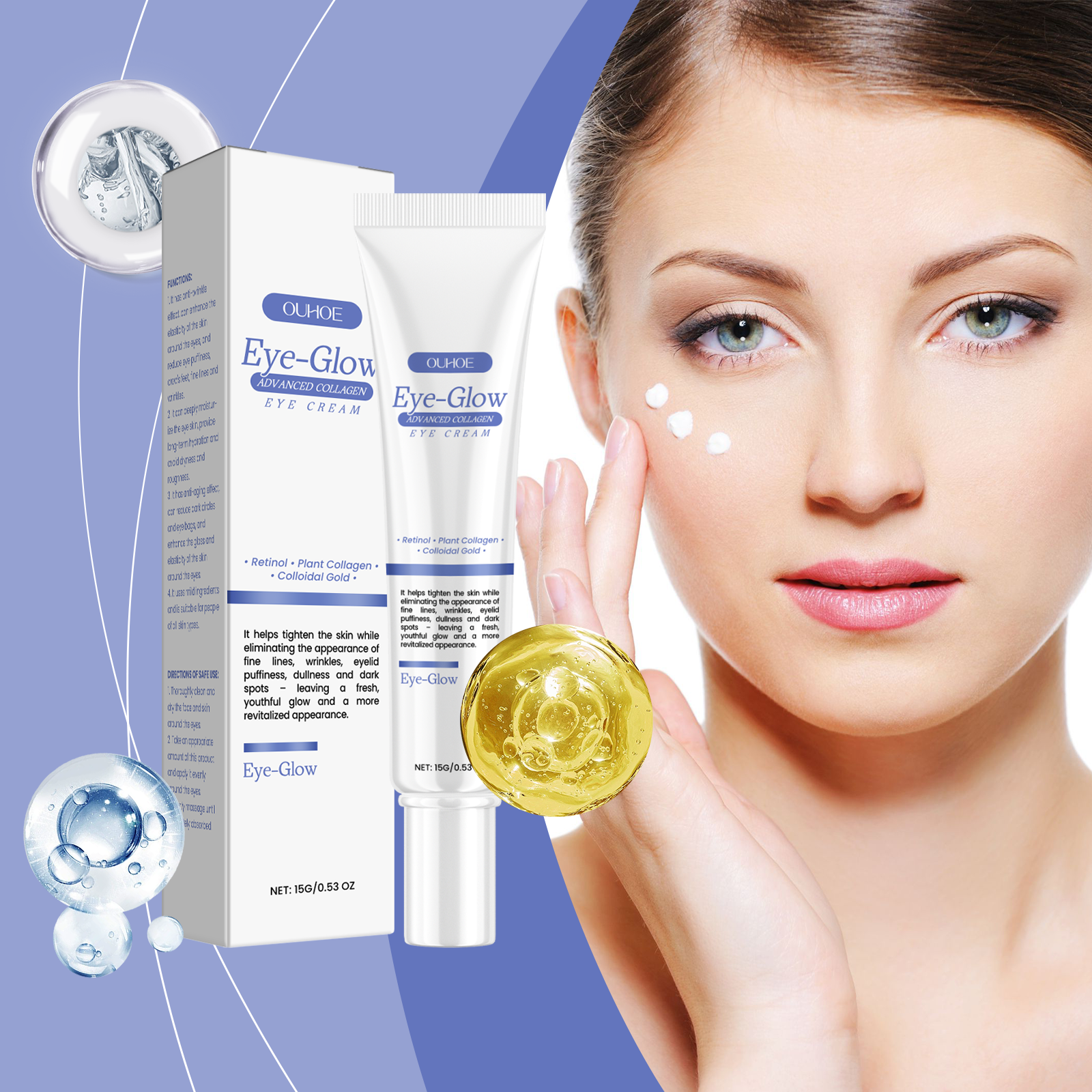 OUHOE advanced collagen eye cream with model demonstrating application around the eyes