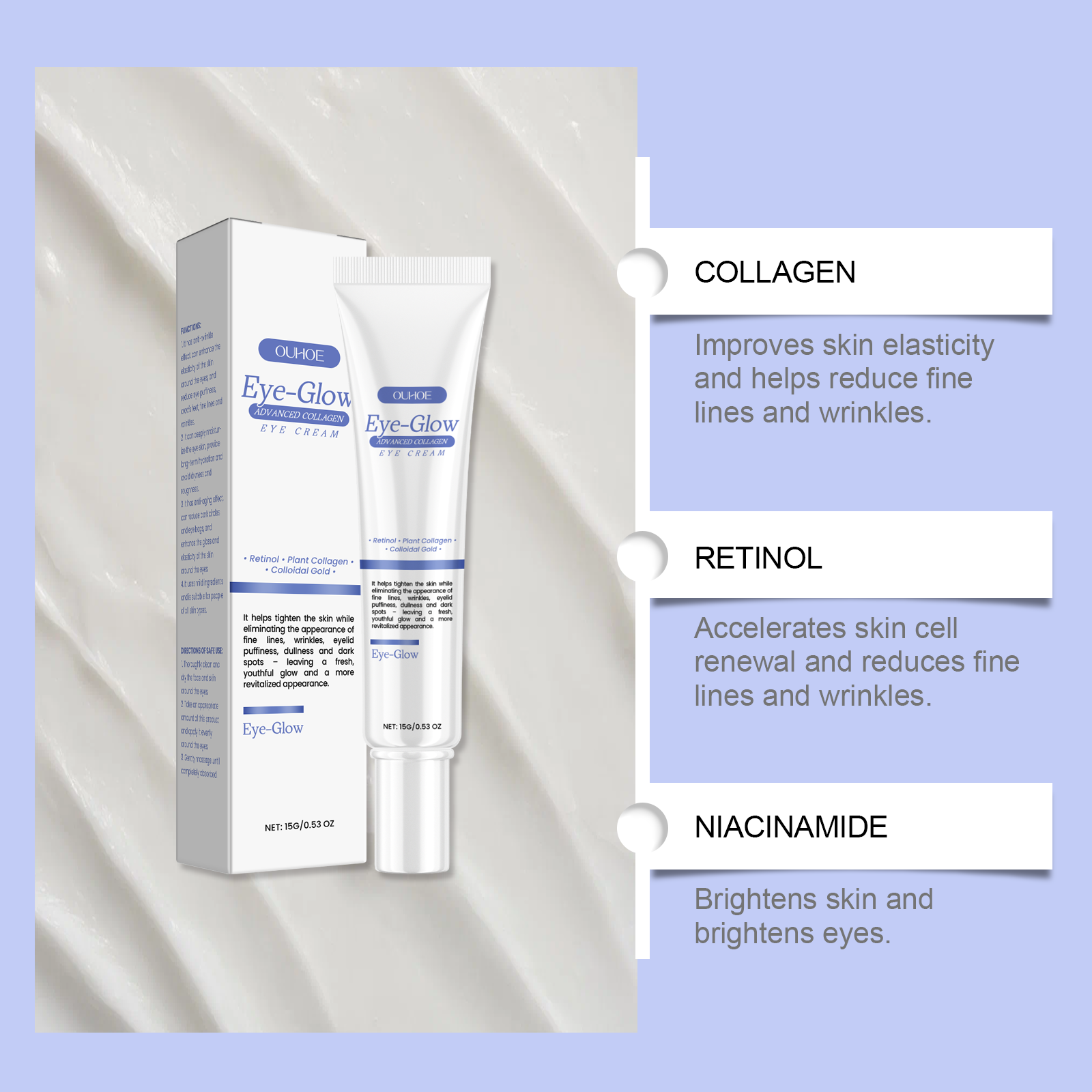 OUHOE firming eye cream graphic highlighting the appearance of fine lines and eye area care