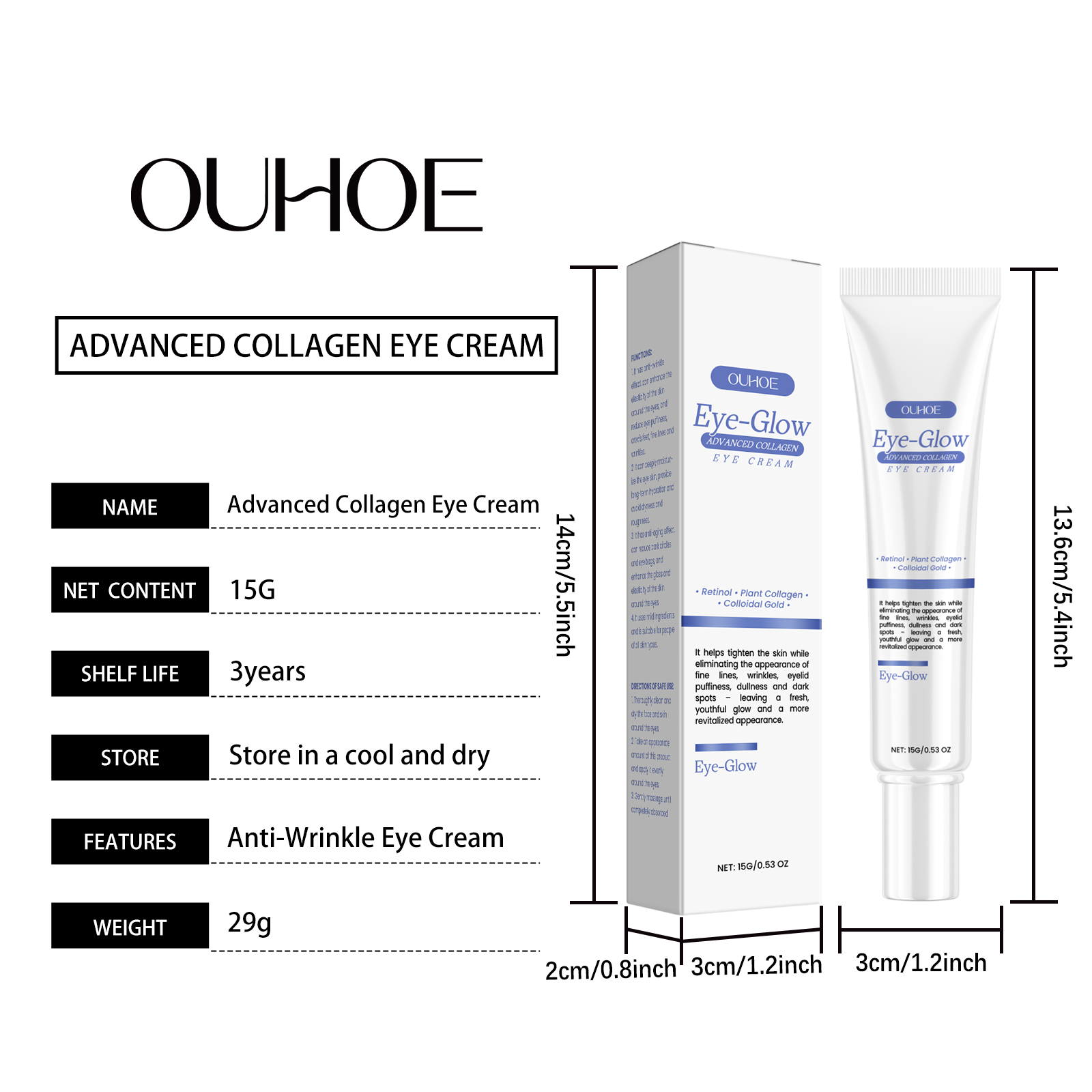 OUHOE Eye-Glow advanced collagen eye cream tube and box on a white background