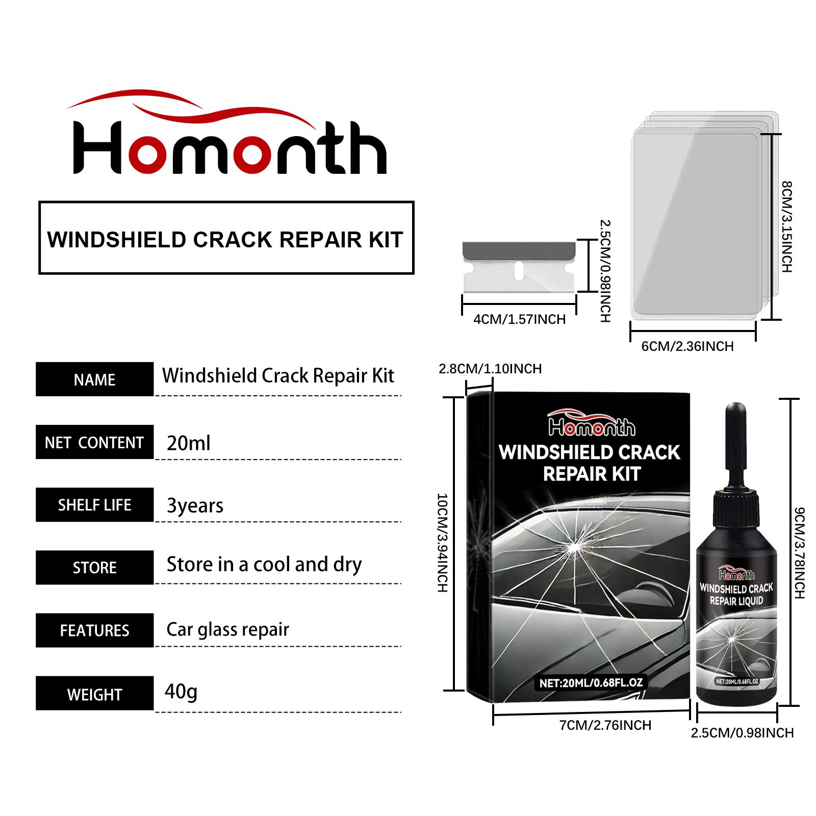 HOMONTH Automotive Windshield Glass Crack Repair Liquid, 20 ml / 1 Bottle image 7