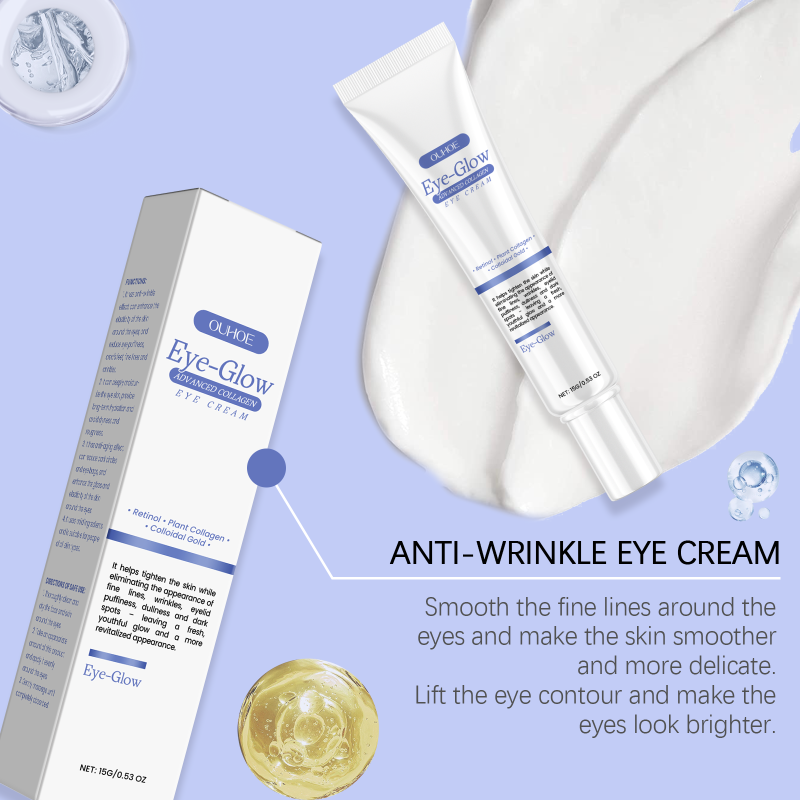 OUHOE eye cream ingredient infographic featuring gold, hydrolyzed soy protein, collagen, retinol and niacinamide