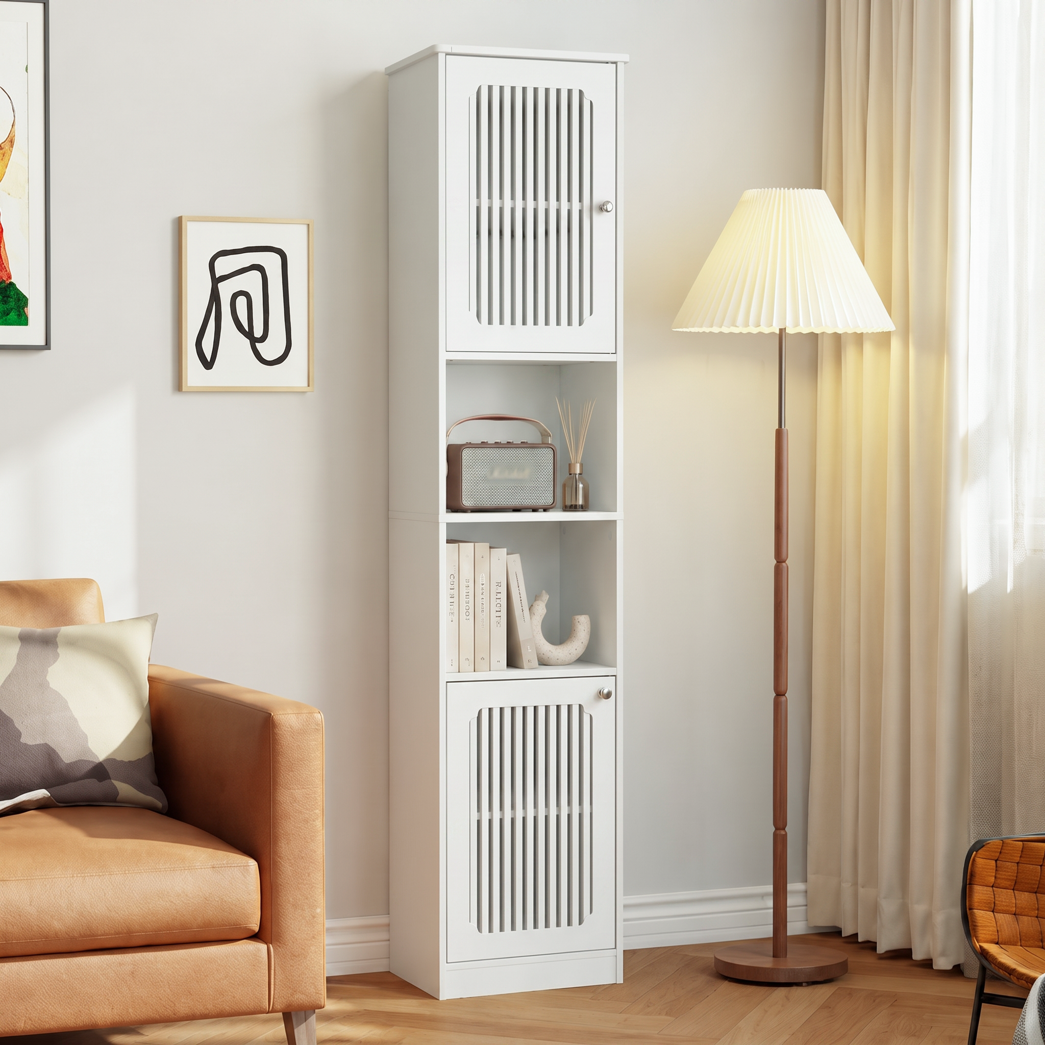 163cm Bathroom Tall Cabinet With Adjustable Drawer Shelves, Louvered Door — image 3