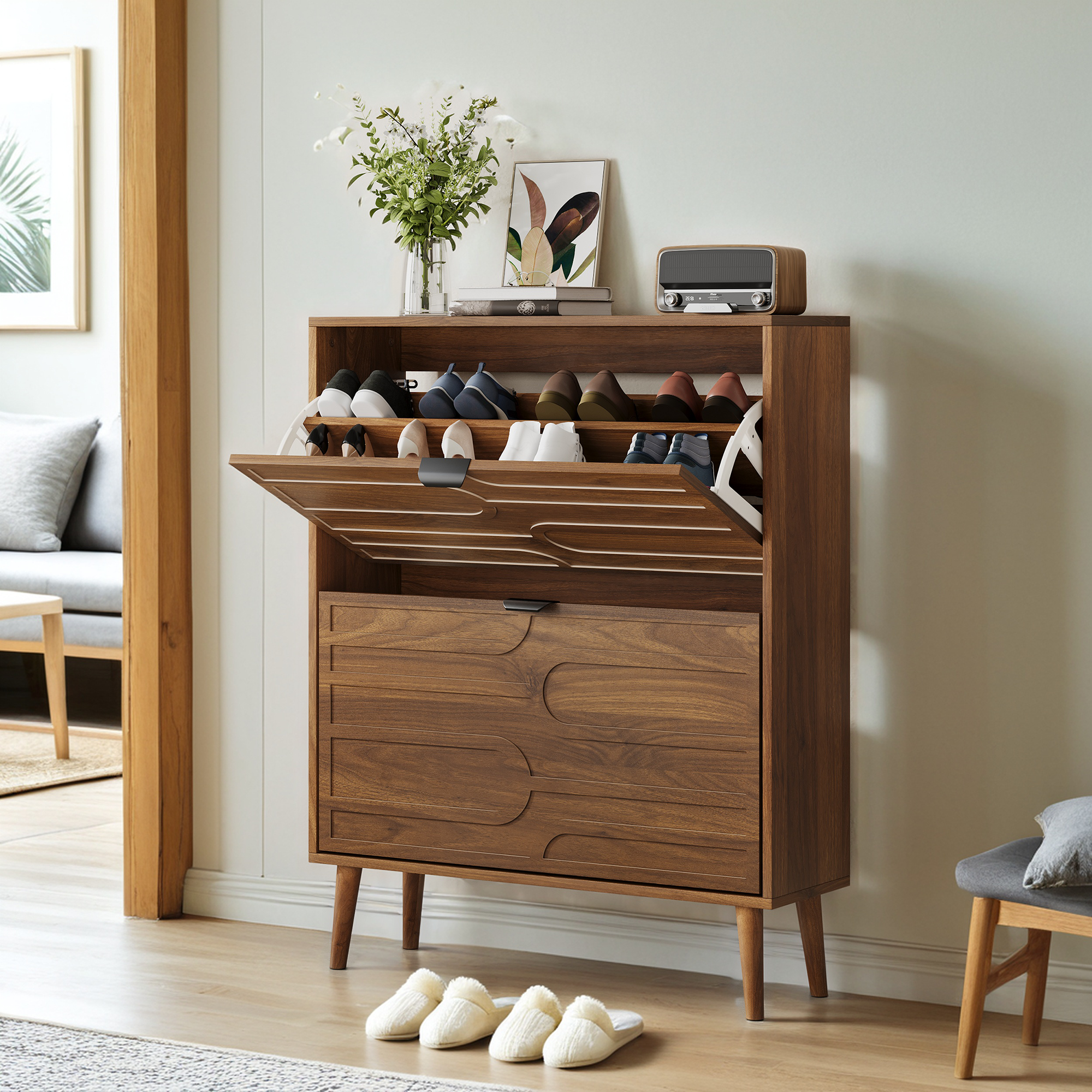 80cm Walnut Shoe Storage Cabinet,Medieval Modern Independent Cabinet, Fence — image 5