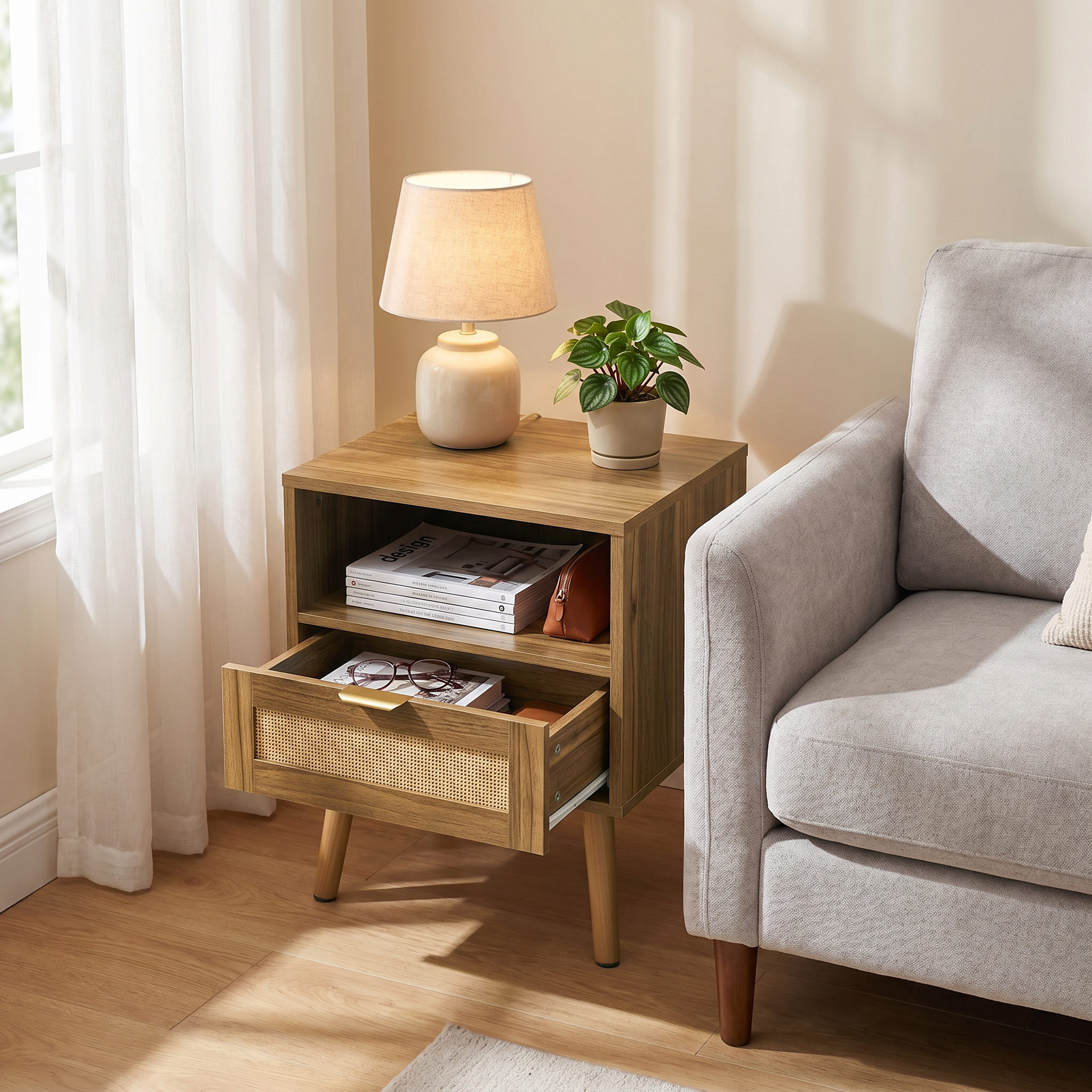 Rattan Nightstand With Walnut Finish, Boho-style Open Shelf, Mid-century Modern — image 3