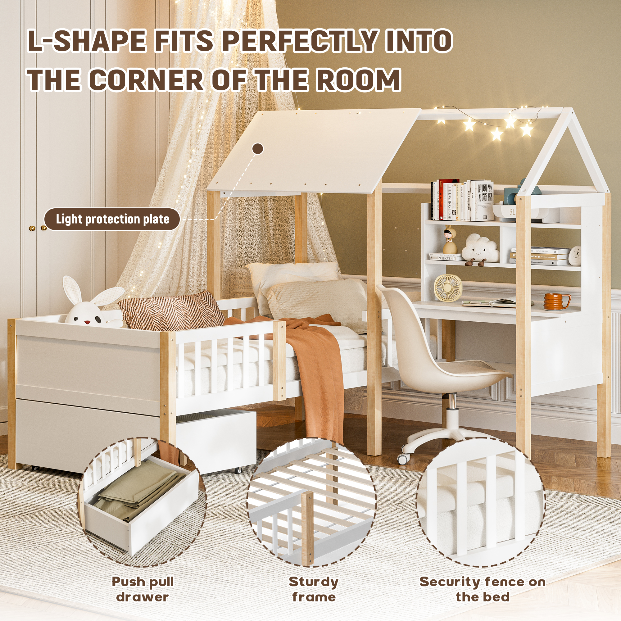 90 X 190 Cm Kids House Bed With Safety Guard Rail, Solid Wood Frame Slatted — image 5
