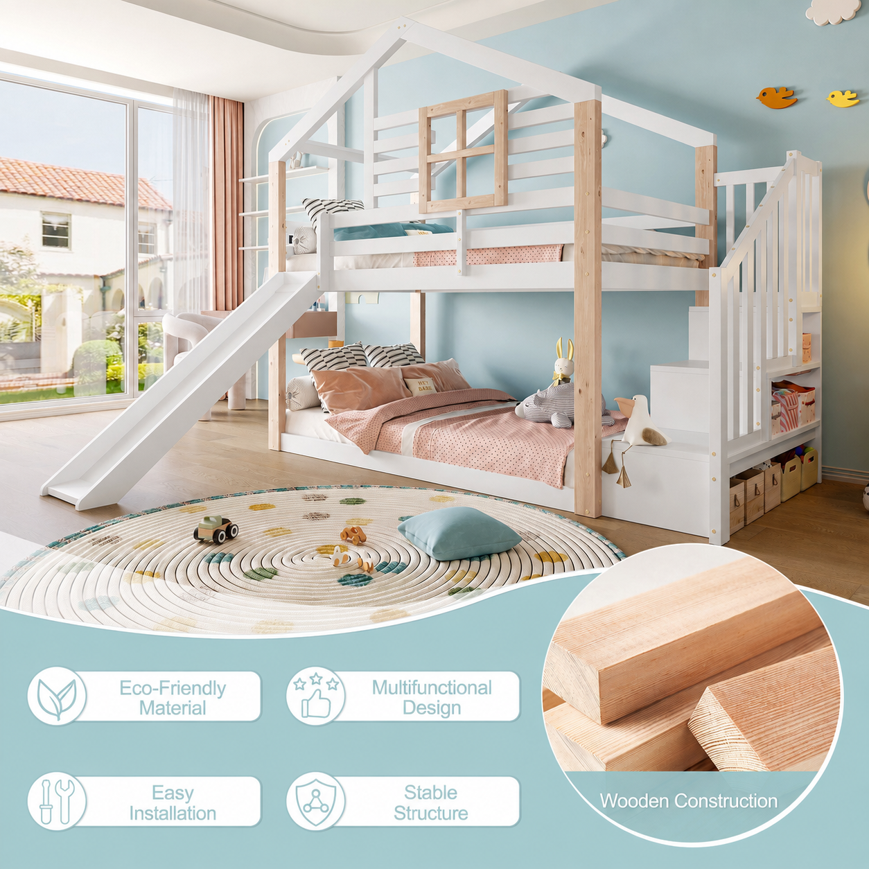 Kids Bunk Bed With Slide And Stairs, Scandinavian Style Solid Wood Frame Safety — image 5