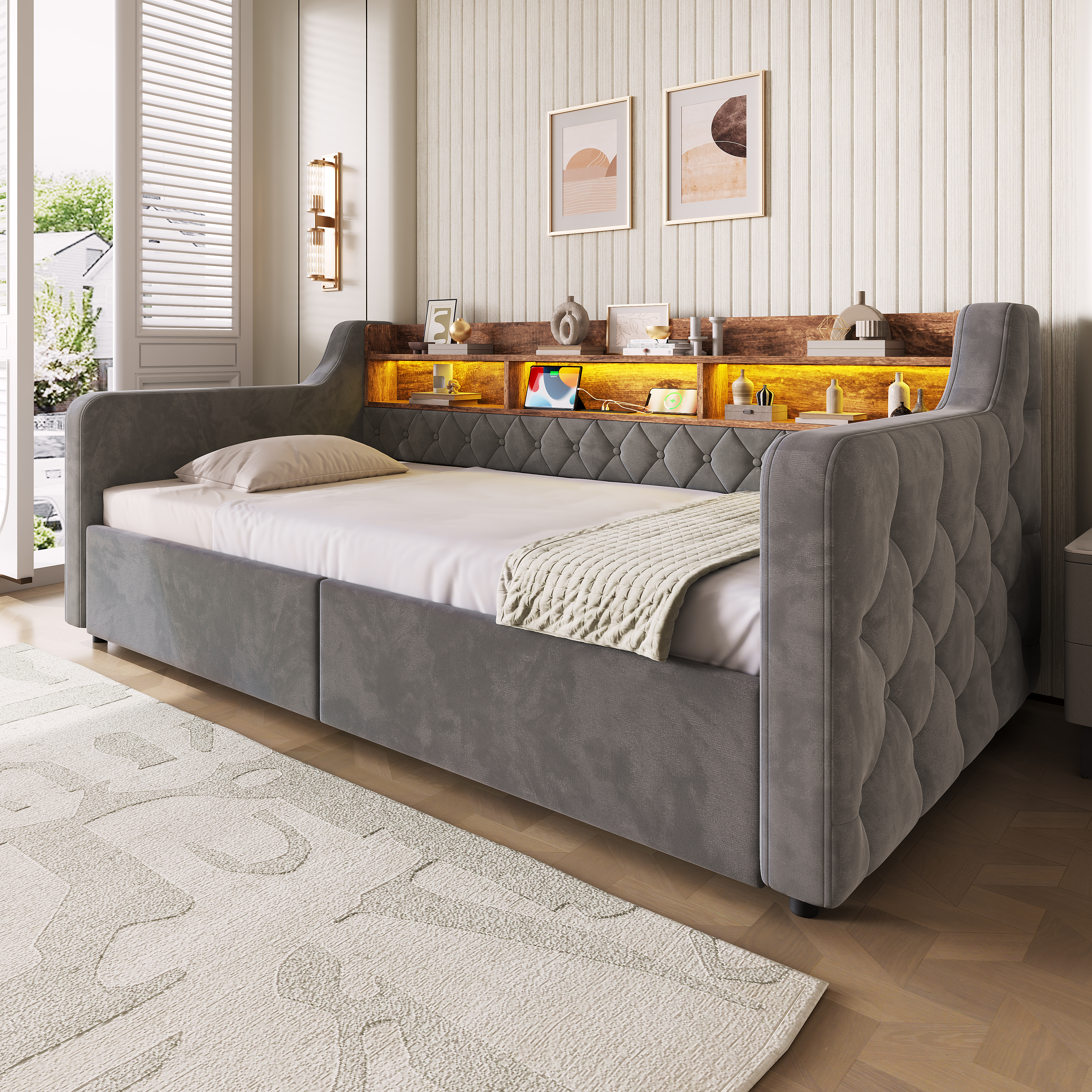 Upholstered Storage Bed 90x190 Cm, Velvet Single With LED Lights, USB & Type-C — image 3