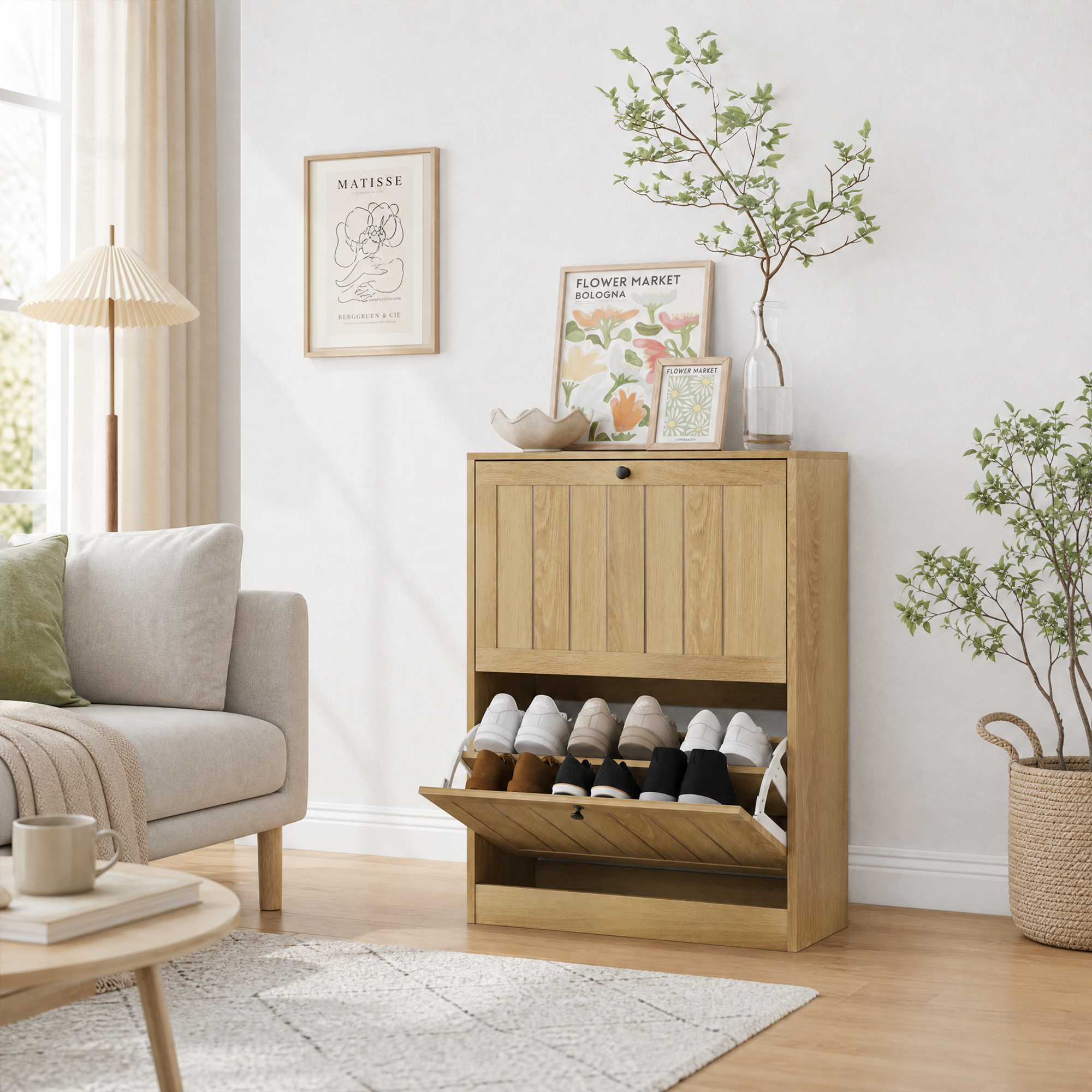 60 Cm Oak-colored Shoe Cabinet, Freestanding In Mid-century Modern Style — image 2