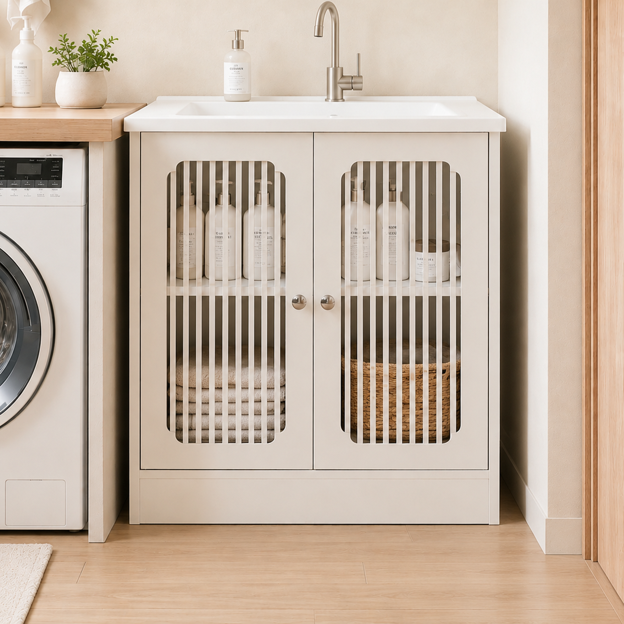 Washbasin Cabinet Without Basin, Louvered Double-door Floor-standing Bathroom — image 5